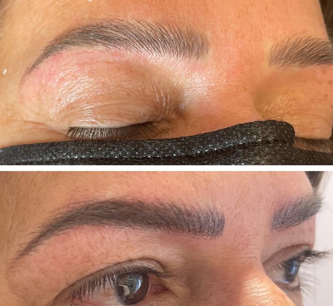 Close-up images of a woman's eyebrows before and after cosmetic enhancement. The top image shows natural brows with sparse hair, while the bottom image displays filled-in, shaped, and darker eyebrows.