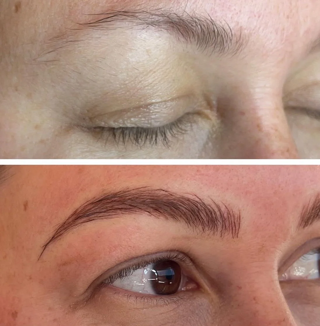 Comparison of a person's eyebrow and eyelid before and after cosmetic eyebrow shaping or microblading treatment.
