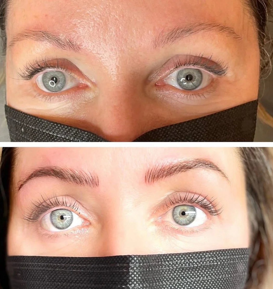 Close-up of a person's eyes before and after eyelash treatment, with the person wearing a black face mask in both images.