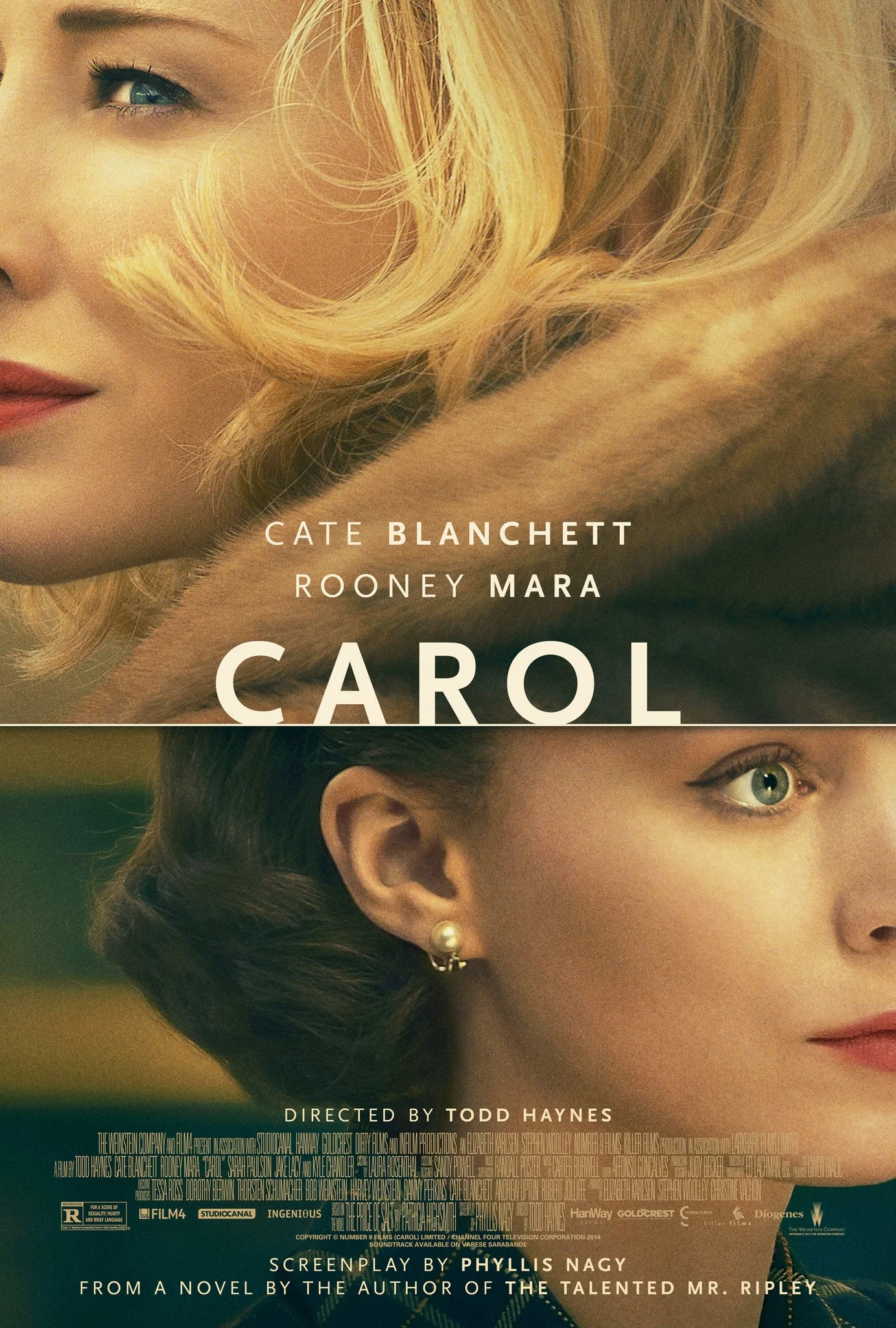 Poster for the film 'Carol' featuring close-up images of two women, one with blonde hair and the other with dark hair, classified as the main characters. The poster includes text with the names Cate Blanchett, Rooney Mara, and mentions director Todd Haynes.