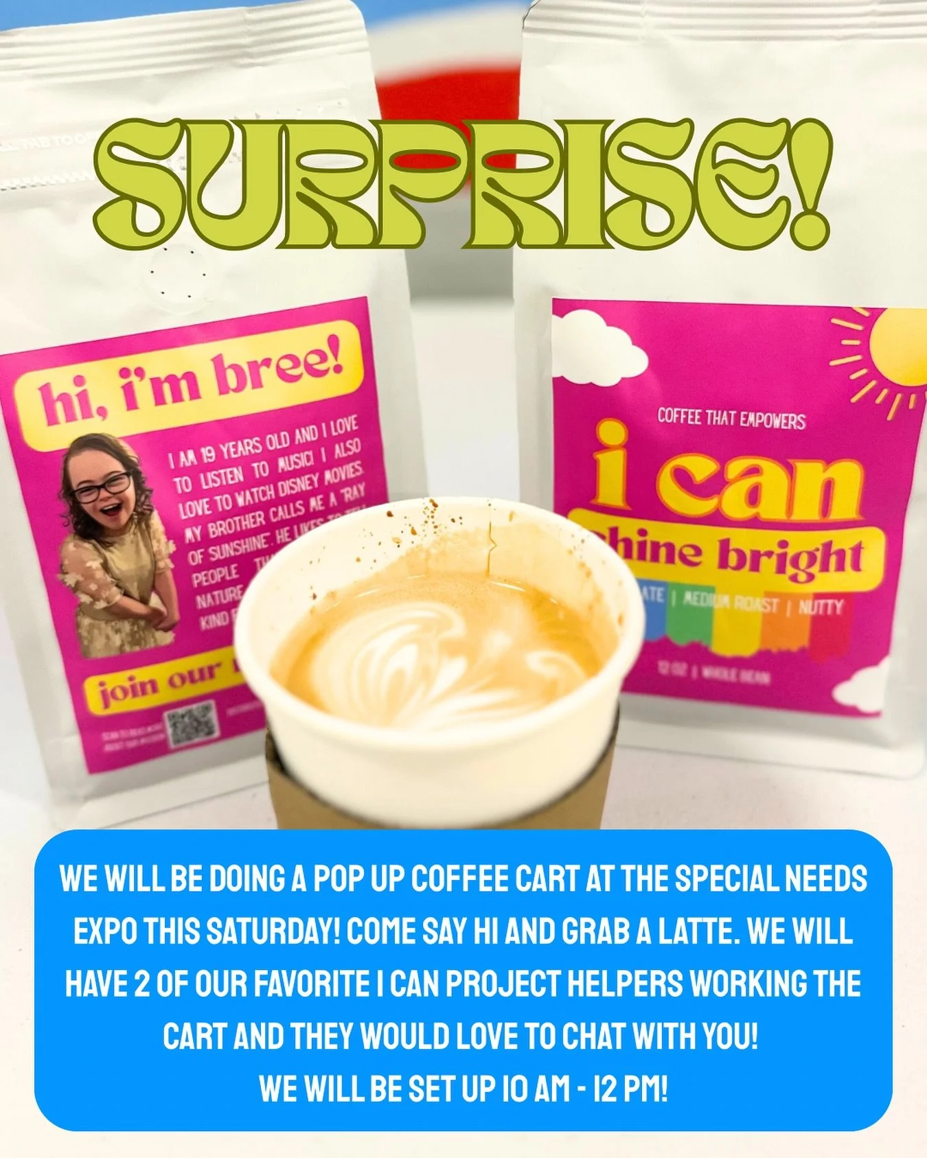 Come say &ldquo;Hi&rdquo; this Saturday at the Special Needs Expo! 💛 We will be set up slinging coffee from 10 AM - 12 PM in the lobby ☕️ our favorite gals, Addy and Sophie, will be working the cart and would love to chat with you! 💕
