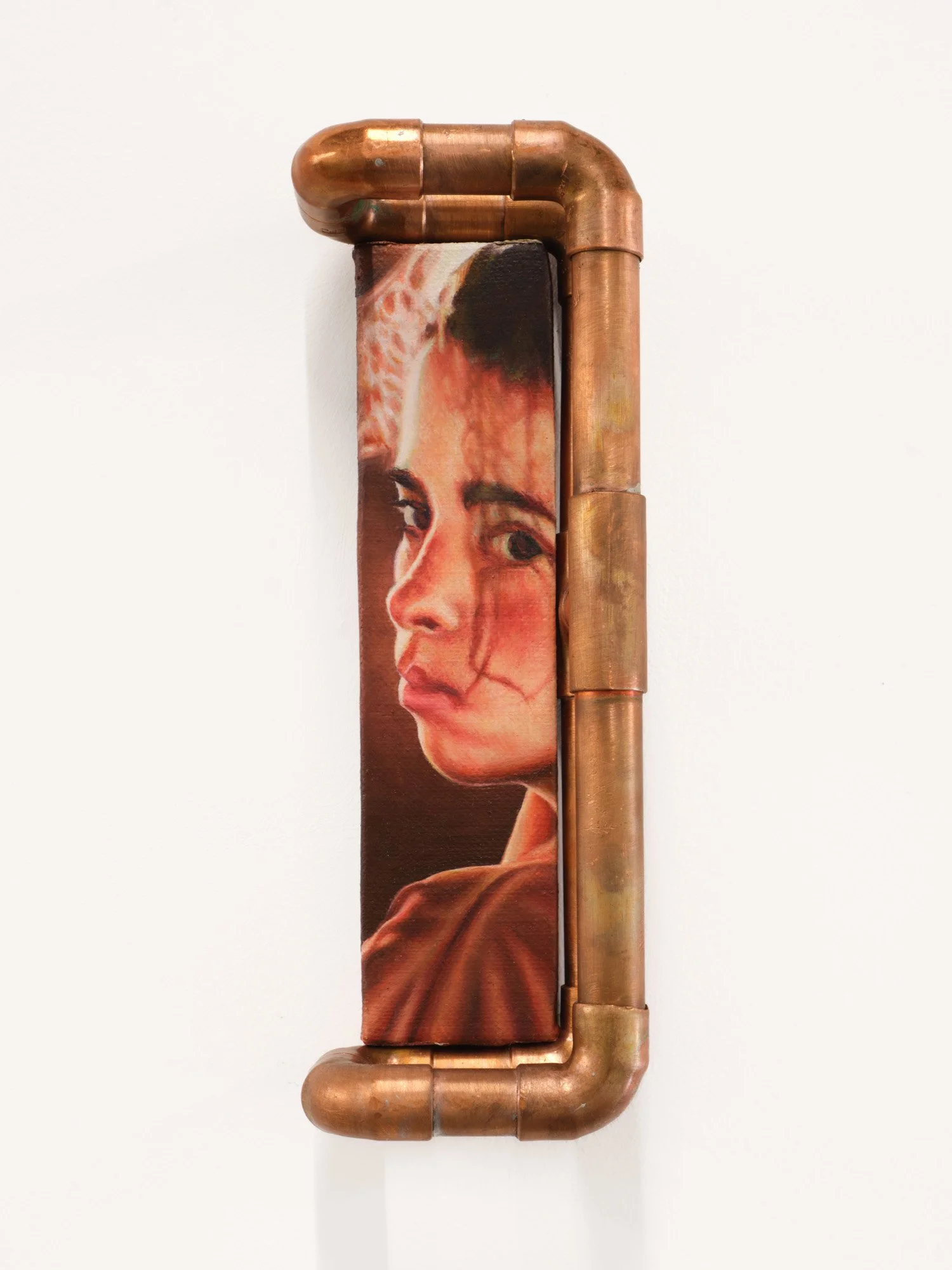 Hayley Labrum 
"I Didn't Understand Why God Would Do This to Me" (Merry Go Round), 2026 
Oil on linen, copper pipe 
9 x 3.5 x 2.5 inches