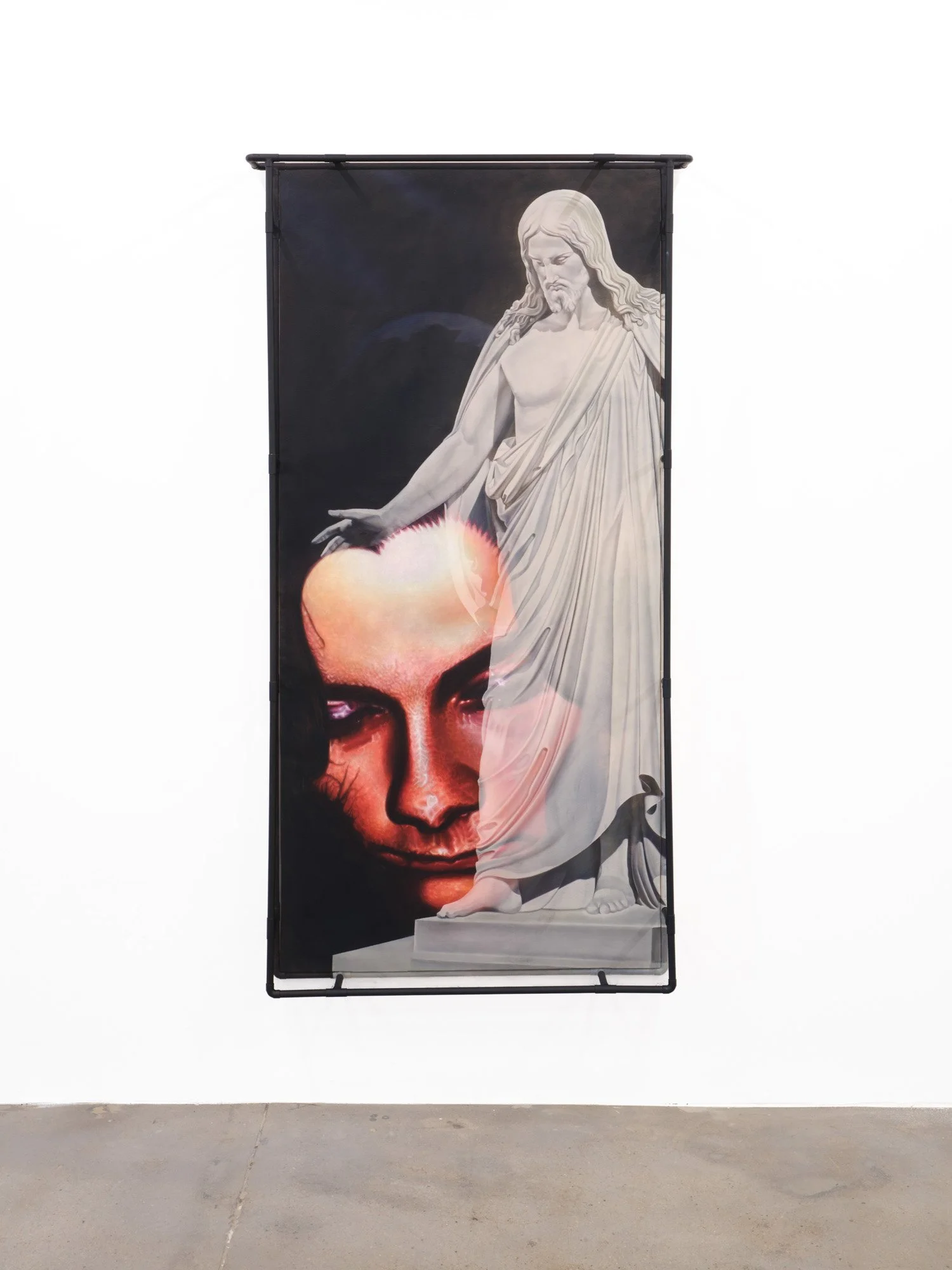 Hayley Labrum 
Anointed/Apostate (Space Jesus), 2026 
Oil on copper mesh, copper pipe, and canvas 
39 x 72.5 x 5.5 inches