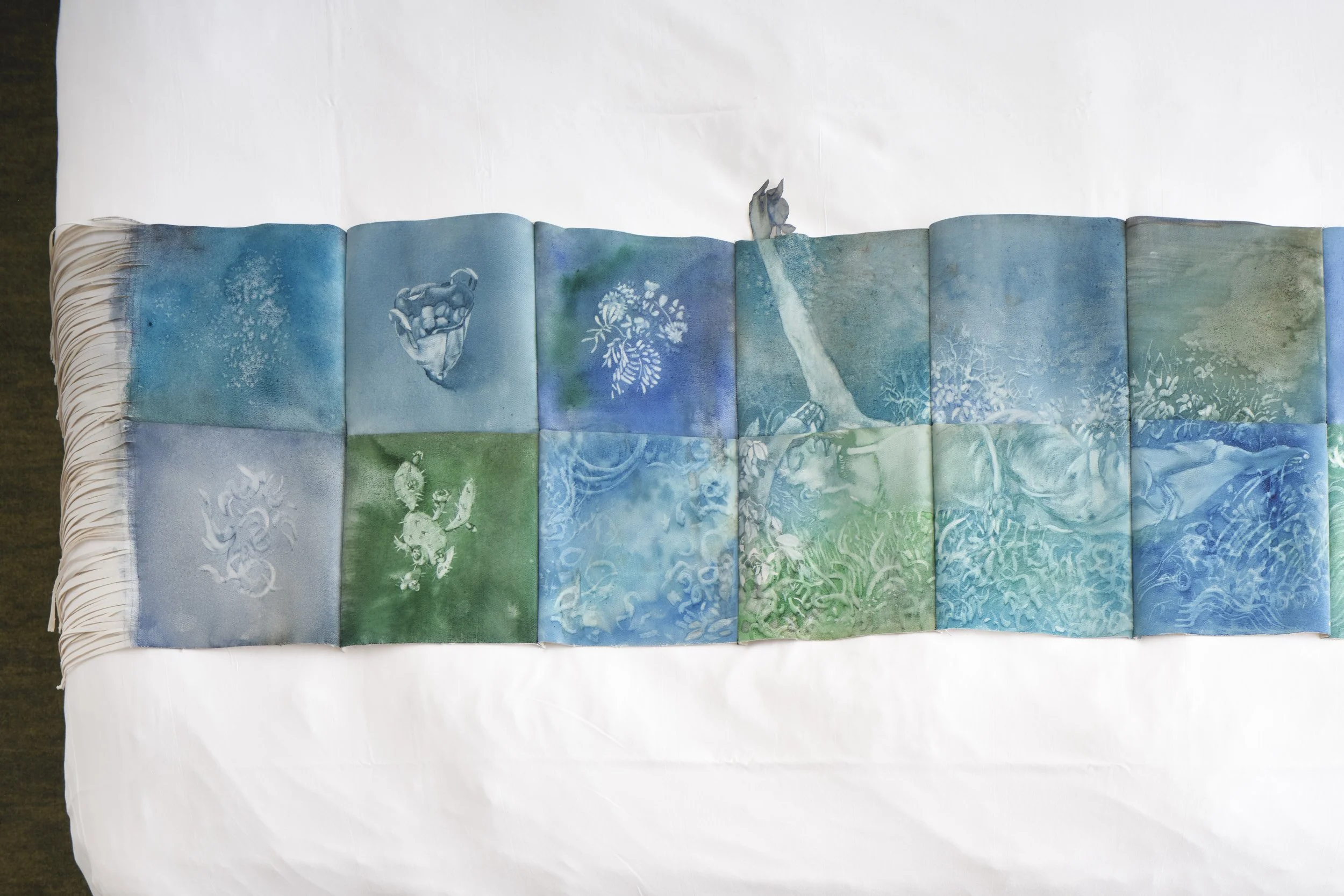 Elizabeth Hudson 
bathsheba blues, 2025 
Watercolor on quilted canvas 
68 x 15 inches