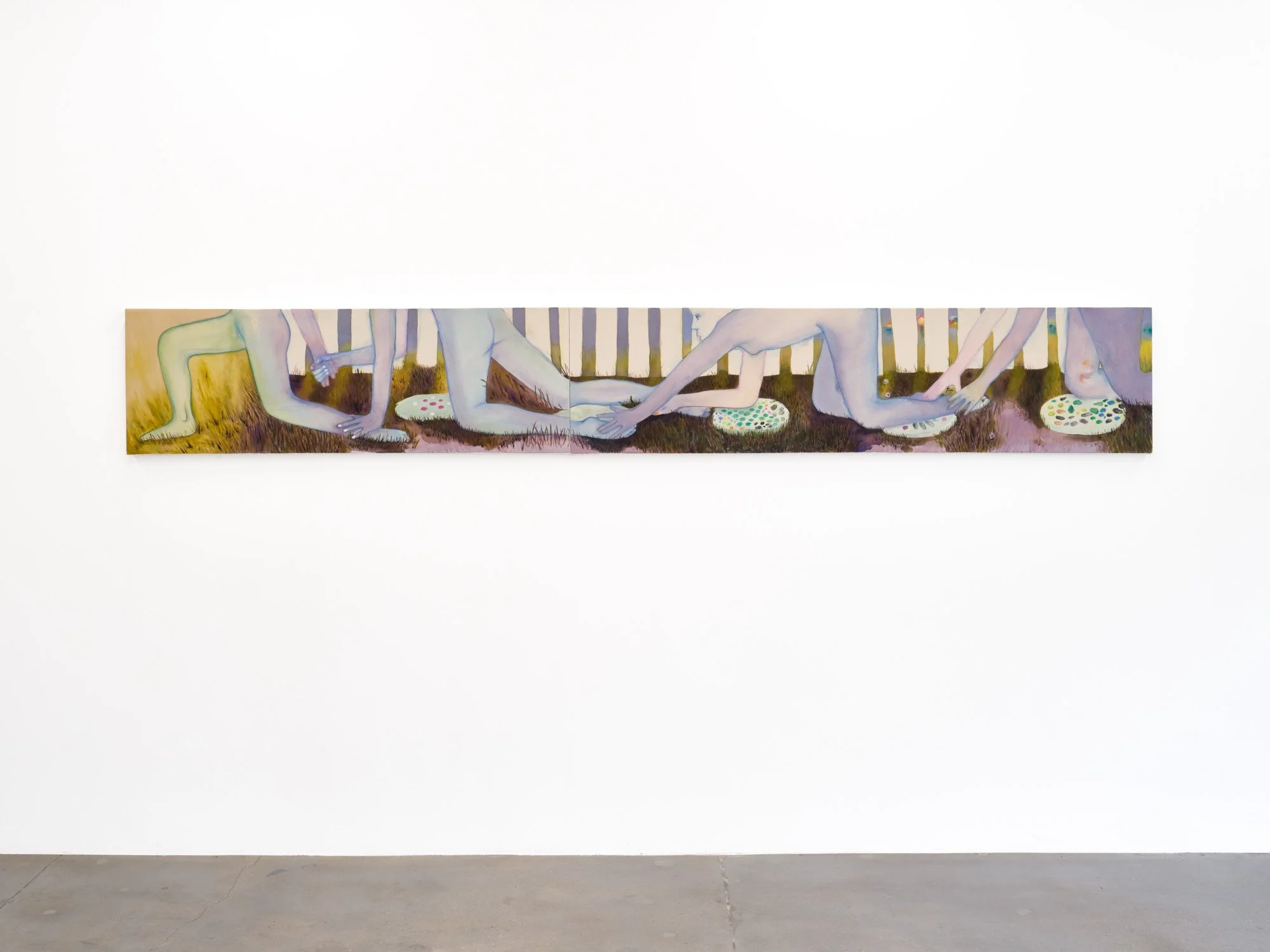 Rowan Howe 
Grounders, 2026 
Acrylic, watercolor pencil, and oil on canvas 
18 x 127 inches