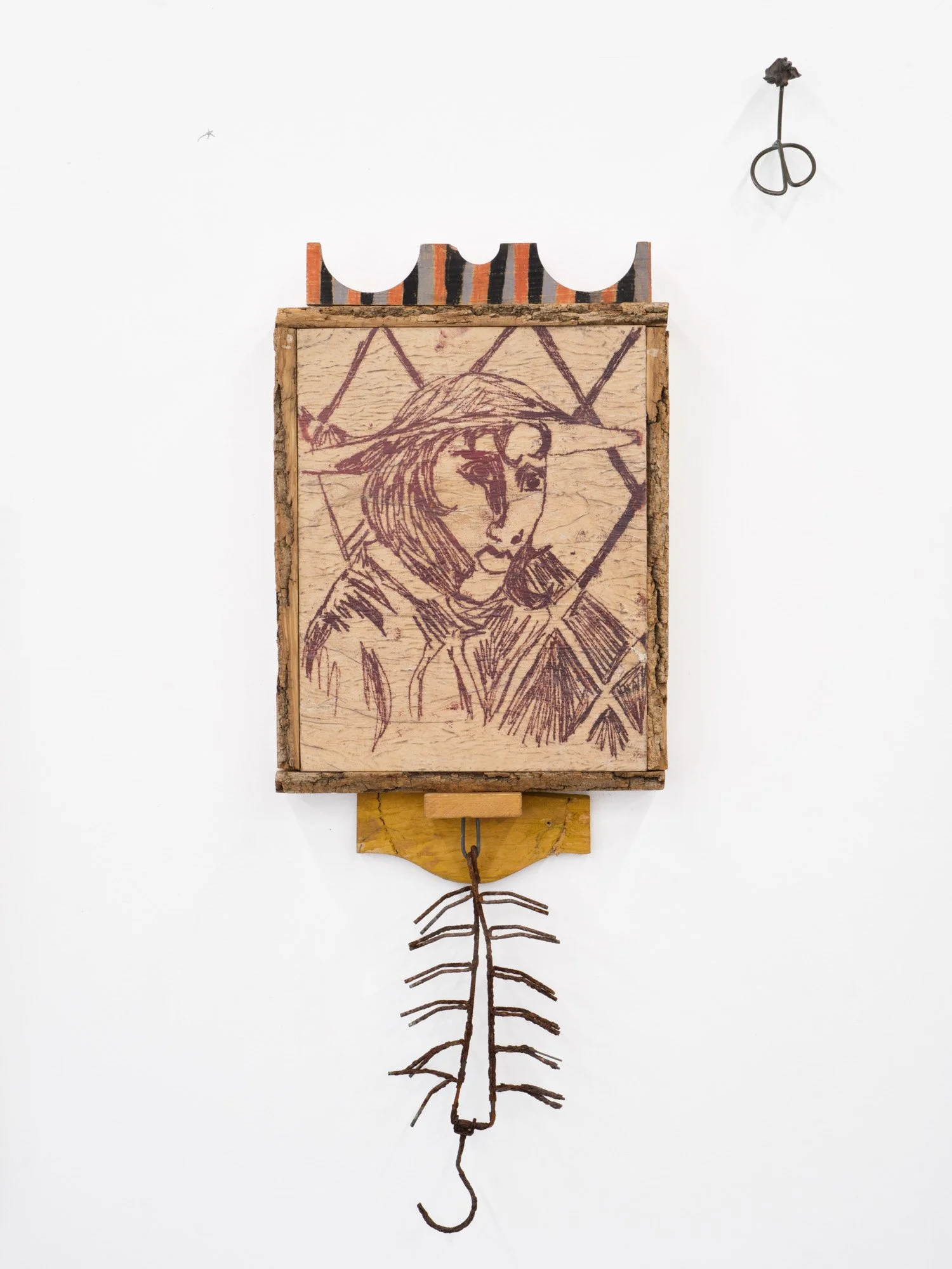 Barry Elkanick 
Crestfallen, 2026 
Mono print on vellum mounted on panel in artist frame with found objects 
32 x 12 inches