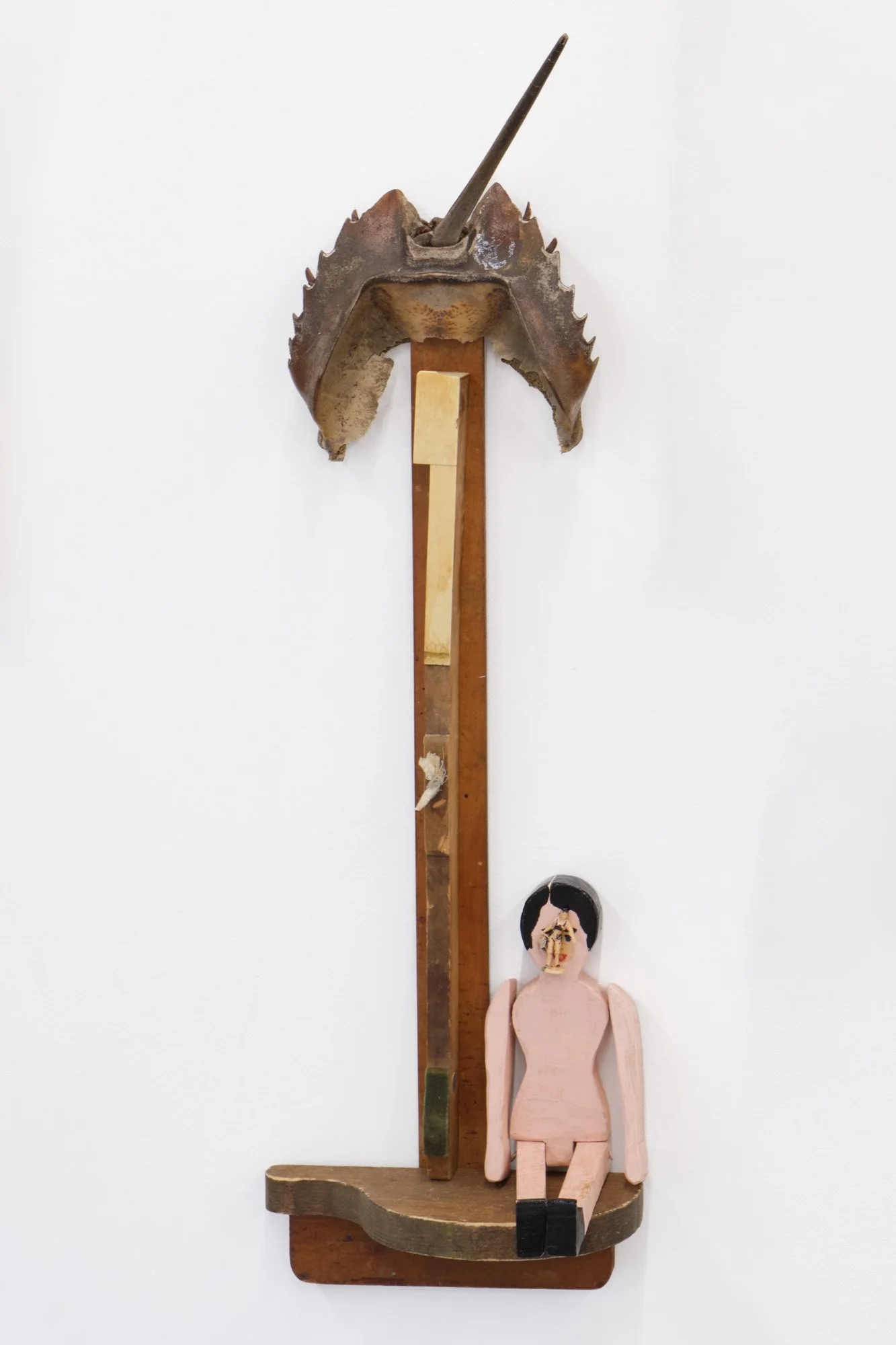 Barry Elkanick 
Valerie and week of impudence, 2026 
Horseshoe crab, piano key, found doll 
21 x 7 x 5 1/2 inches