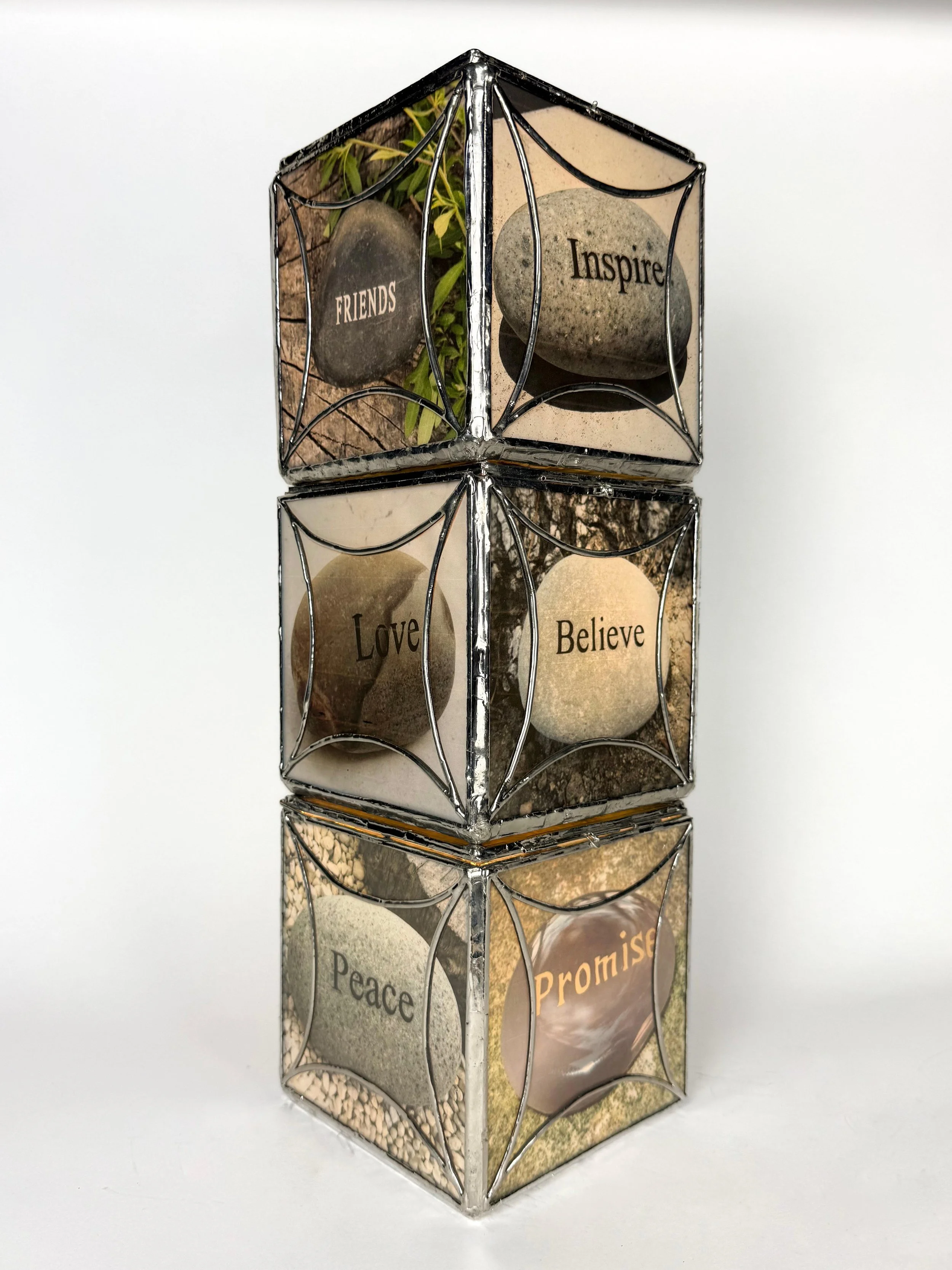 Grace Horan 
Rock Pile Lamp, 2025 
Glass, solder, pigment ink jet print, electric cord 
6.25 inch cubes, each