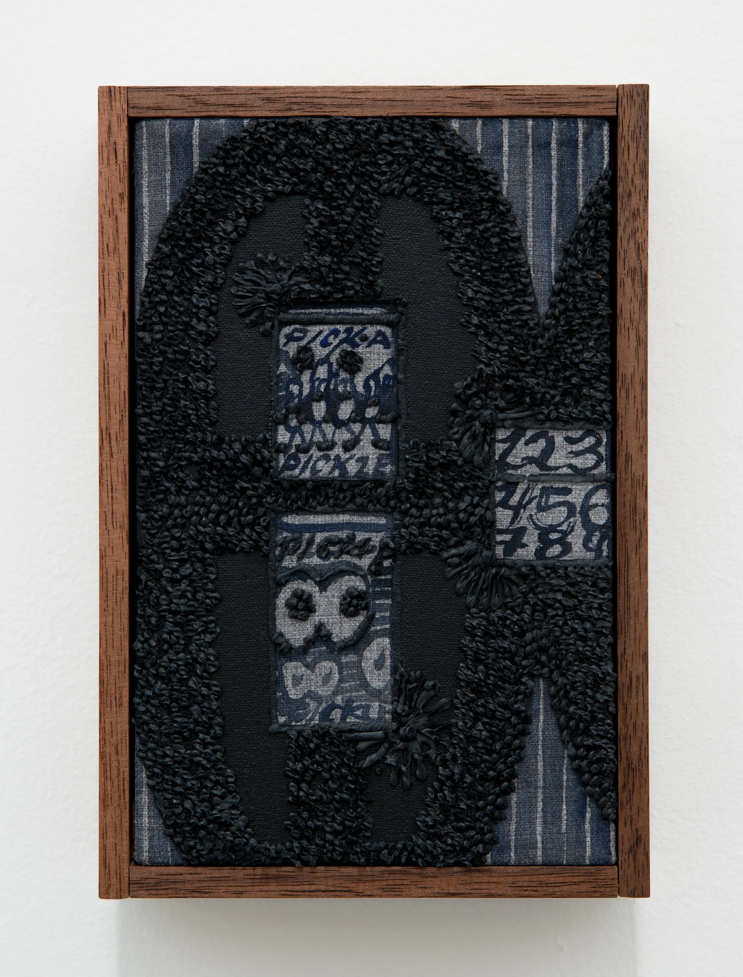 Emma cc Cook  
Watering IV, 2023  
Oil, acrylic, upholstery, walnut  
4 (w) x 6 (h) x 1.5 (d)