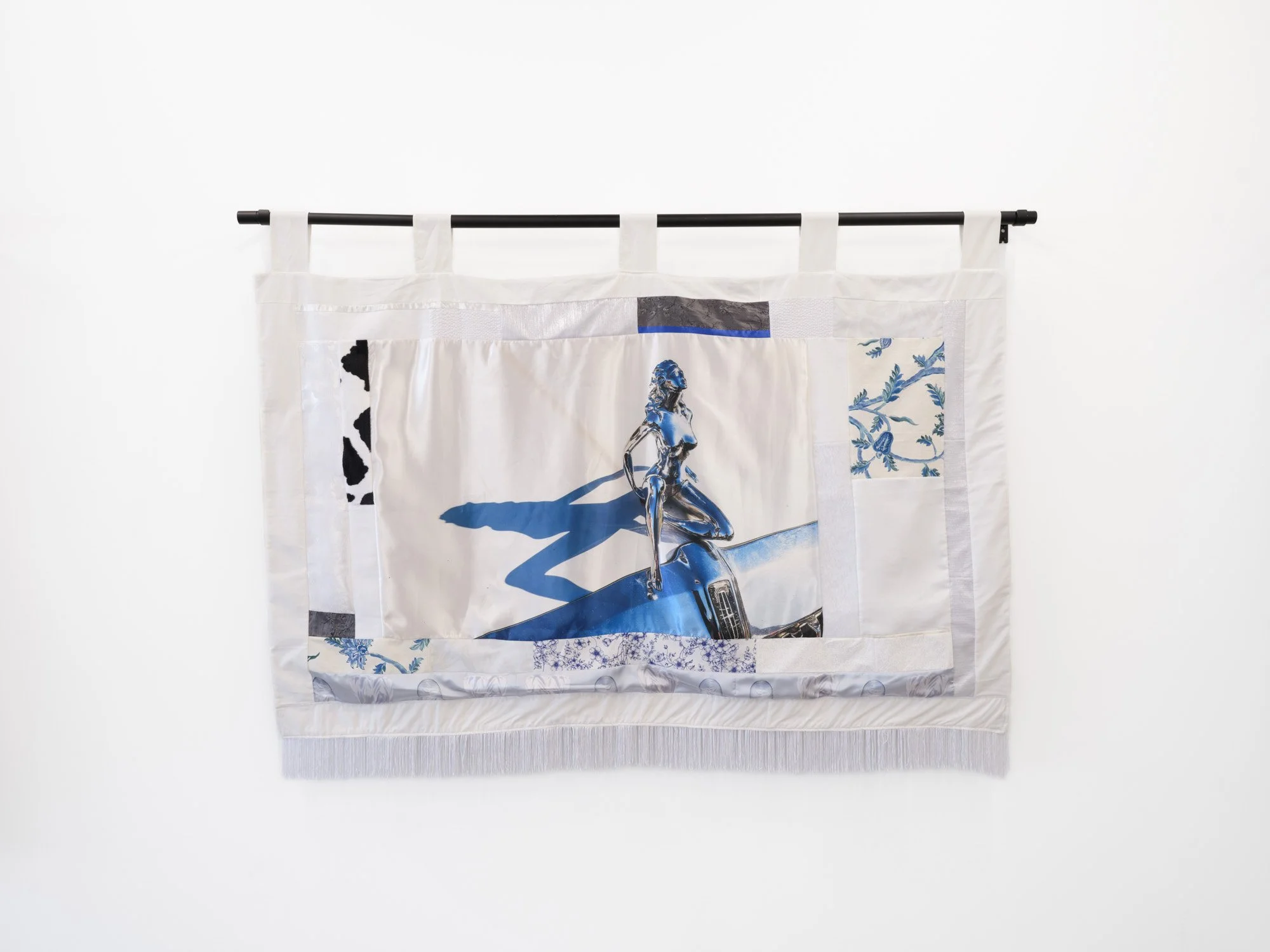 Cindy Elizabeth 
Ice White, 2026 
Digital photograph printed on satin fabric, quilting cotton, jacquard fabric, denim, faux fur, fringe 
42 x 56 inches