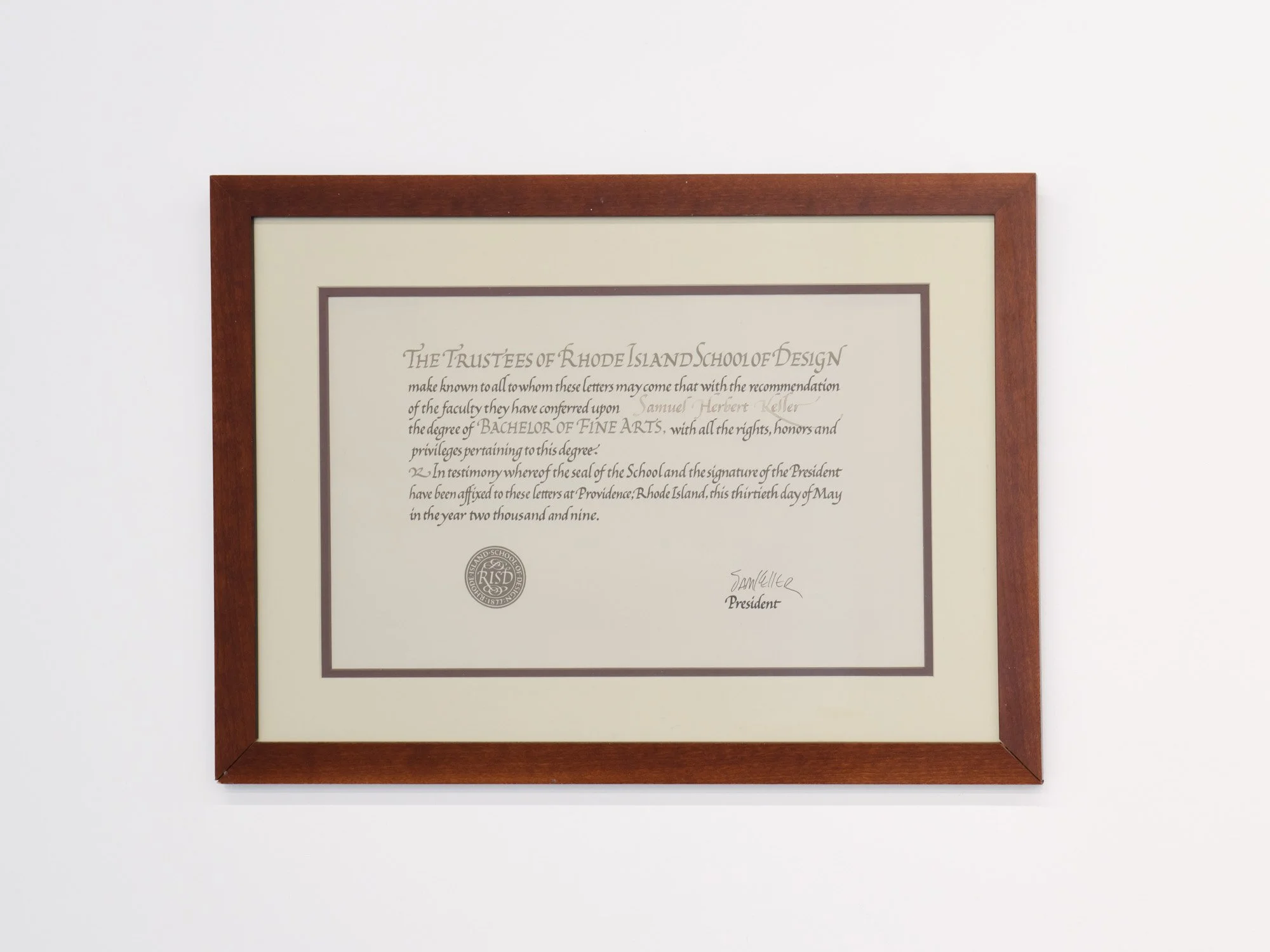 Sam Keller 
Double-signed diploma, 2026 
Ink on Paper