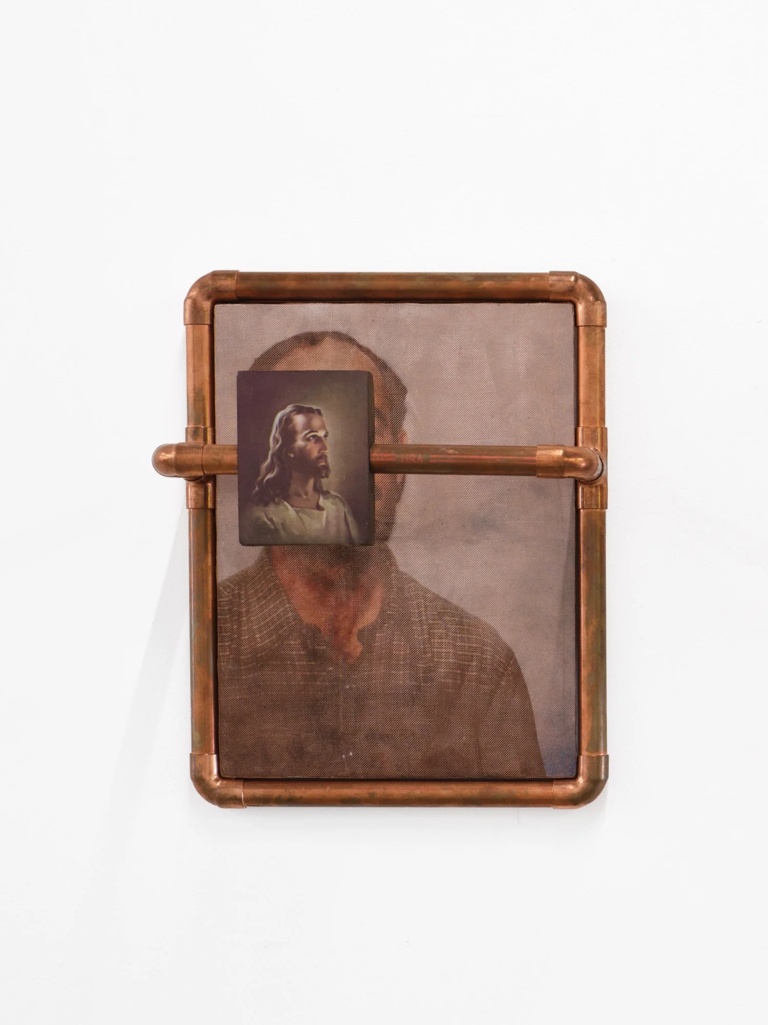 Hayley Labrum 
God the Father, 2025 
Photo print, copper mesh, copper pipe, ephemera 
9 x 12 x 3.5 inches