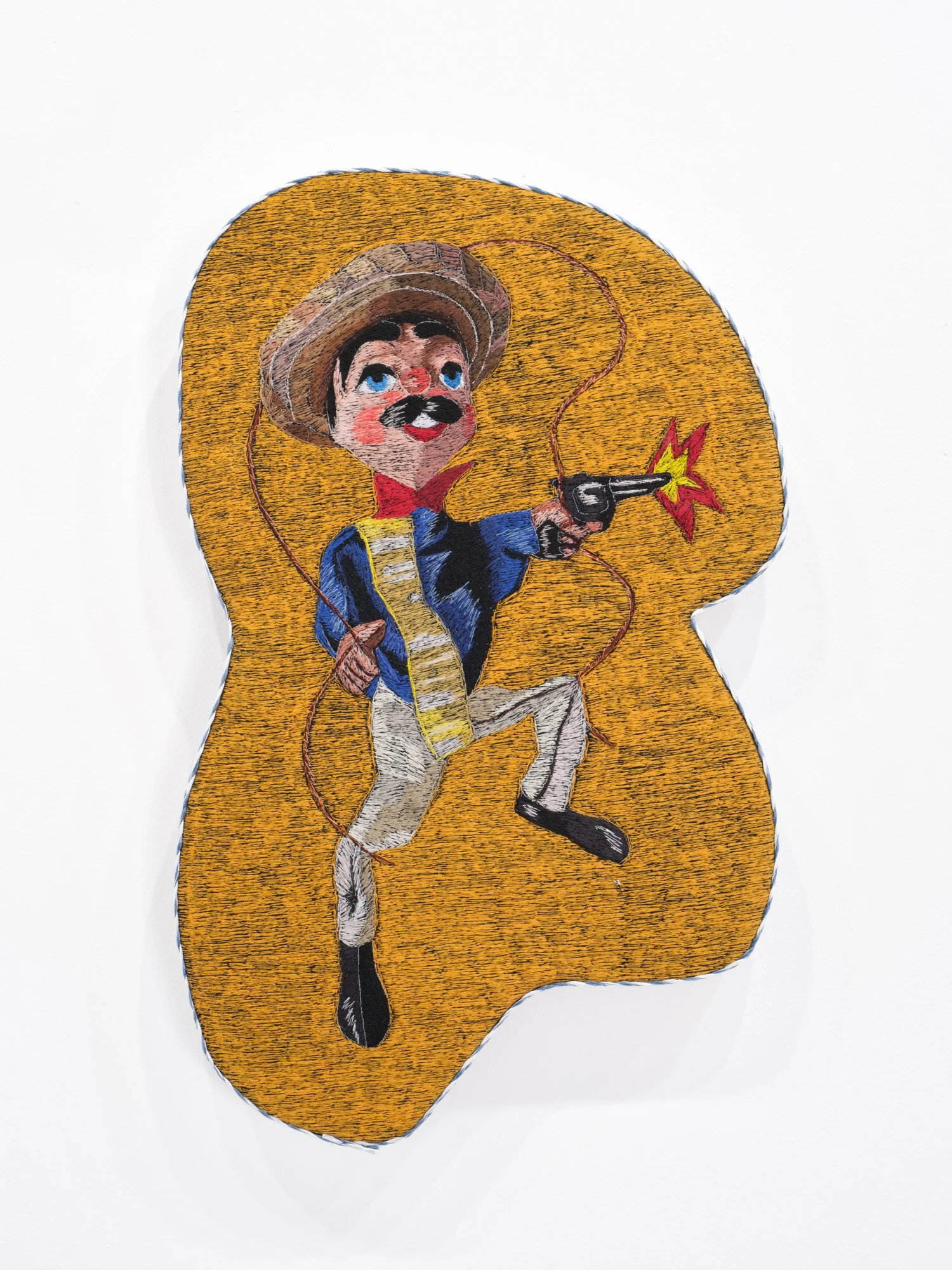Erick Medel 
El Pistolero, 2026 
Polyester thread on denim, shaped panel, straw ribbon 
15 x 24 inches