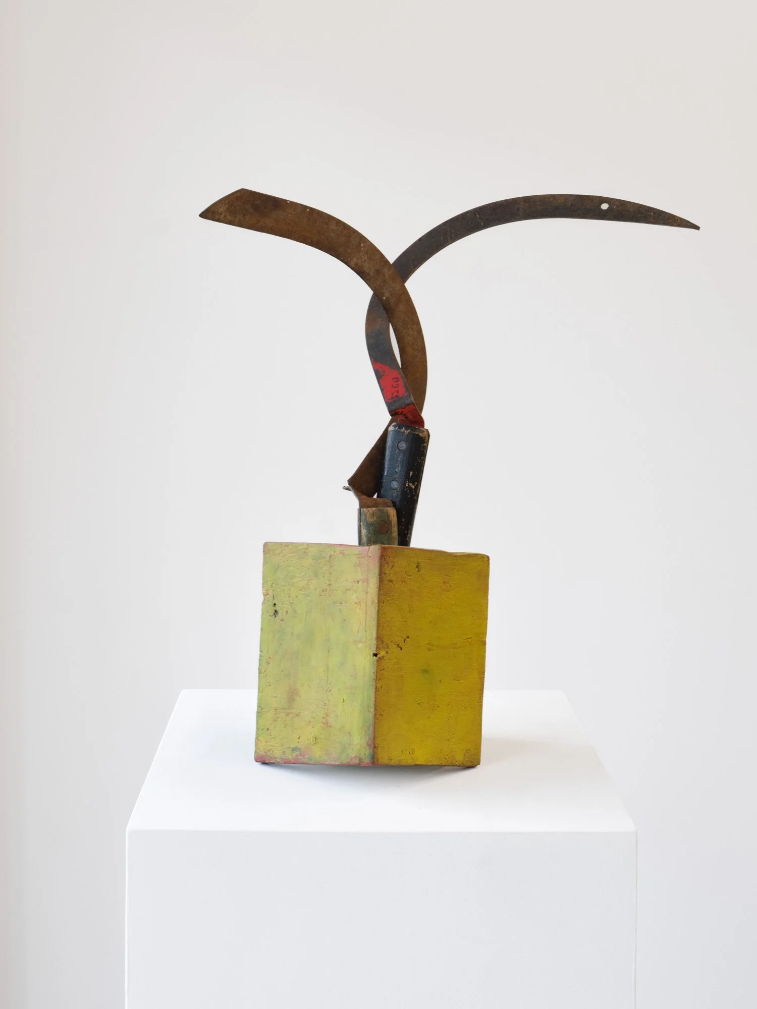 Barry Elkanick 
Sentiment Écœurant, 2026 
Painted birdhouse with found sickles 
16 (h) x 16 (w) x 8 (d)