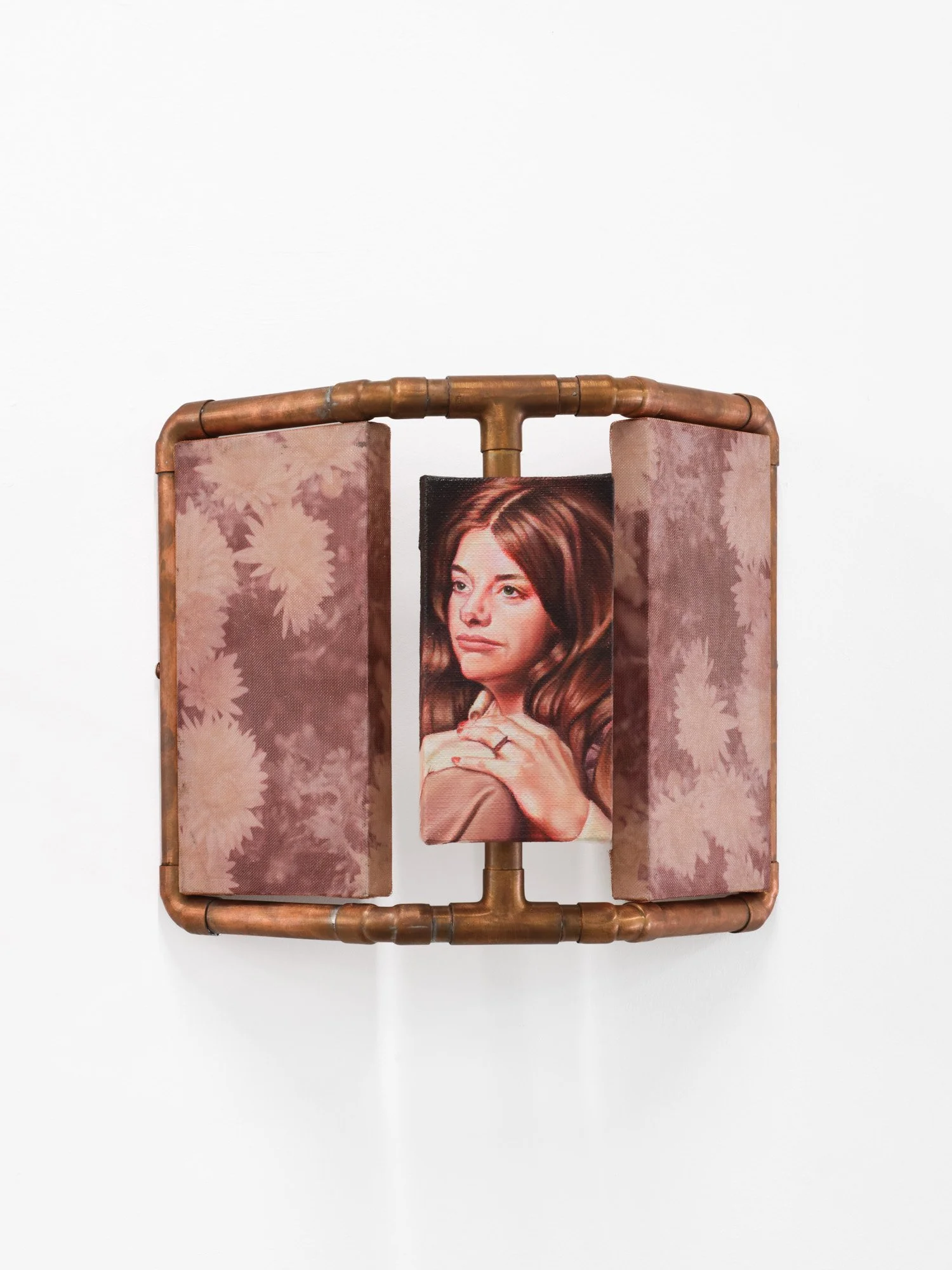 Hayley Labrum 
“He Broke Up with Me. Then We Got Engaged.” (Doctrine & Covenants 132), 2026 
Oil on linen, archival photo prints wrapped in copper mesh, copper pipe 
9.5 x 11 x 5 inches