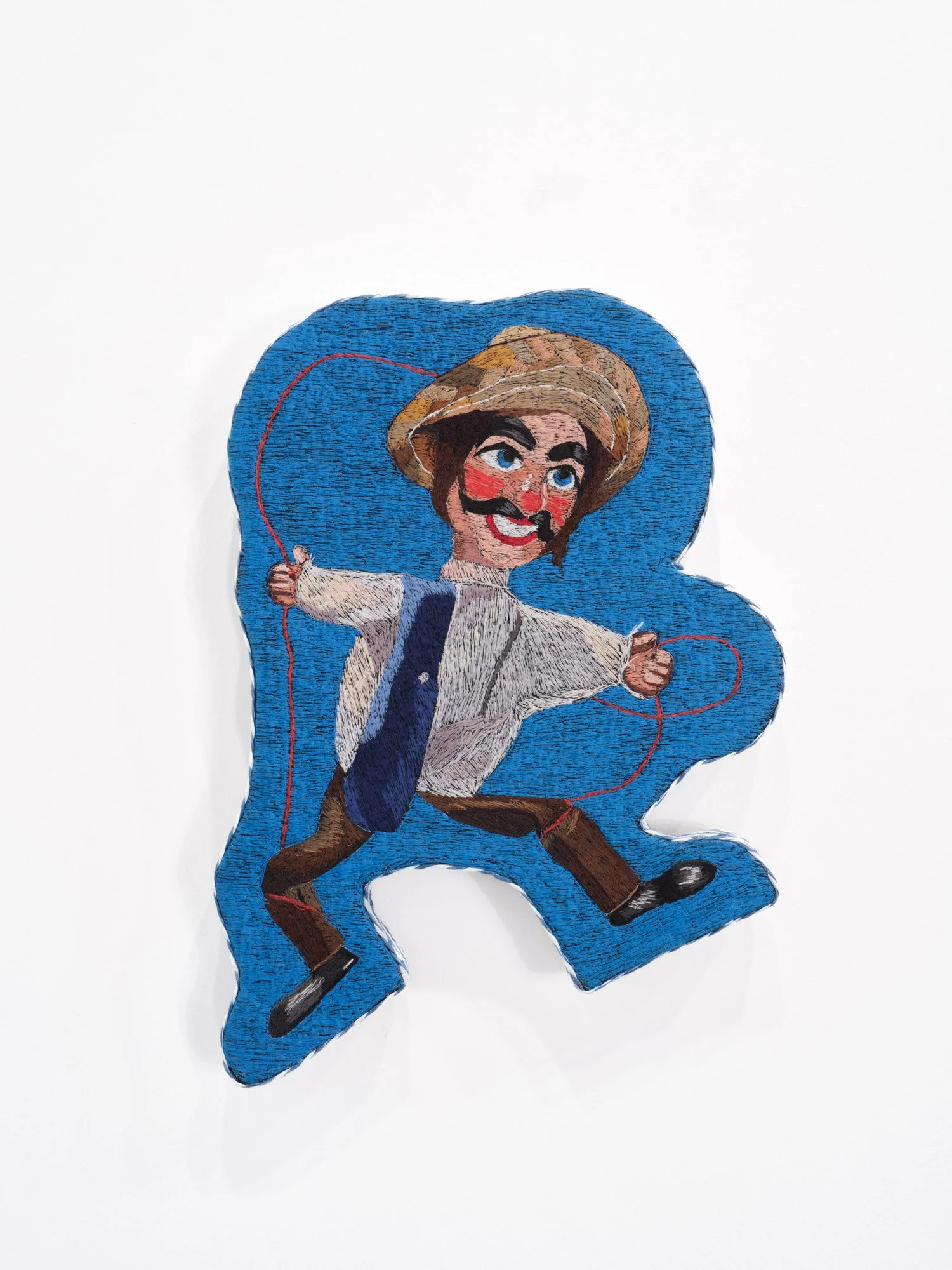 Erick Medel 
El Sonrisas /can’t take away my joy, 2026 
Polyester thread on denim, shaped panel, trim 
13 x 19 inches