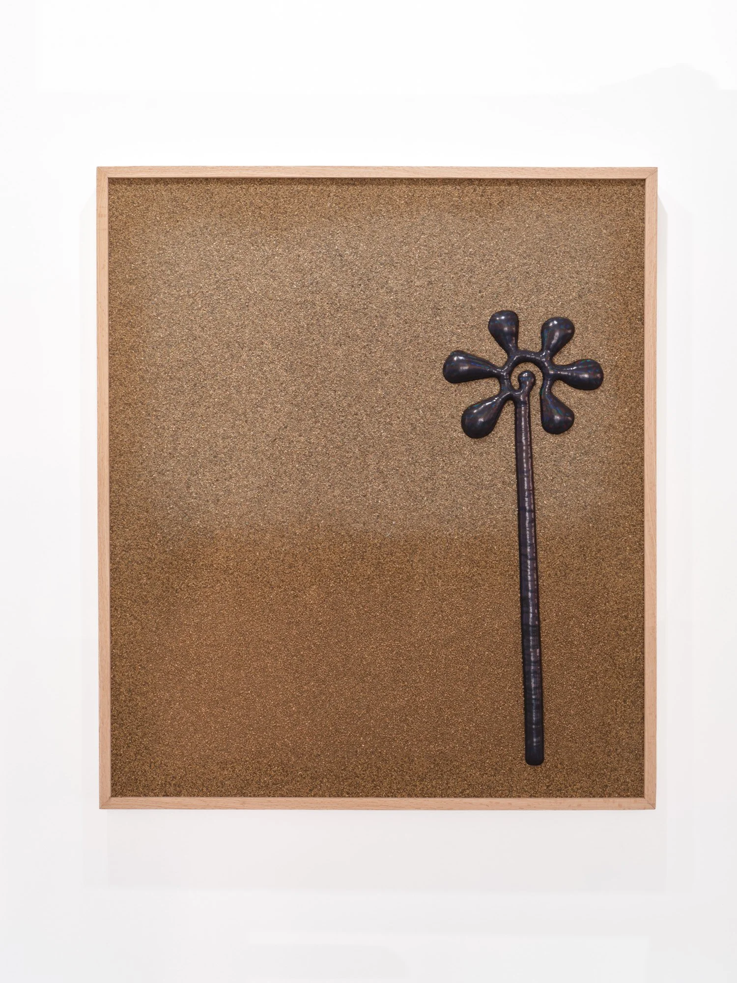 Jon Young 
Flower, 2026 
White Oak, Iridescent Fabric, Batting, and Sand from Joshua Tree, CA, Garden of the Gods, CO, and Lewis & Clark Trail, MO 
37 x 42 x 3 inches