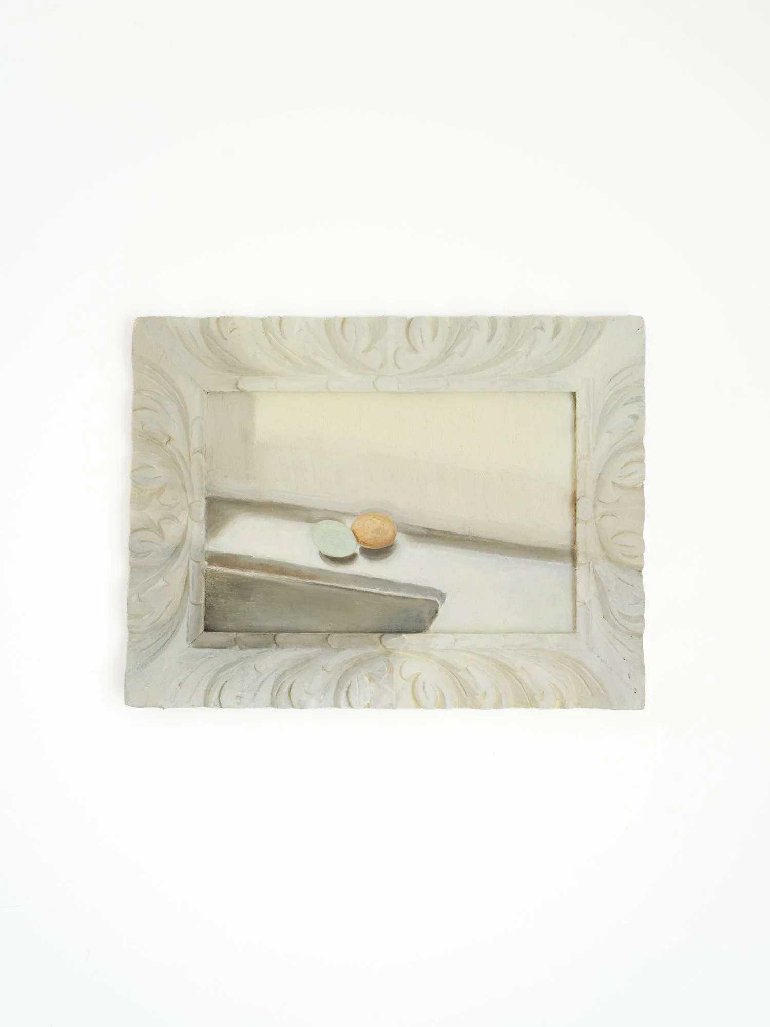 Kate LeSueur 
A Blue Egg and a Brown Egg, 2026 
Oil on antique panel and frame 
12 x 17 inches