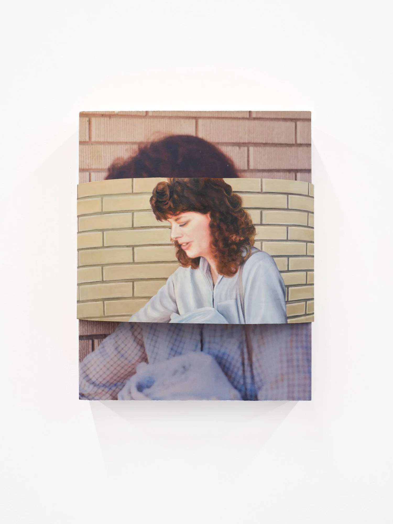 Hayley Labrum 
“I was a Mom for my work Halloween party because that’s all I ever wanted to be when I grew up.”, 2025 
Oil on copper, archival photo on panel, nails 
8 x 10 x 3.5 inches