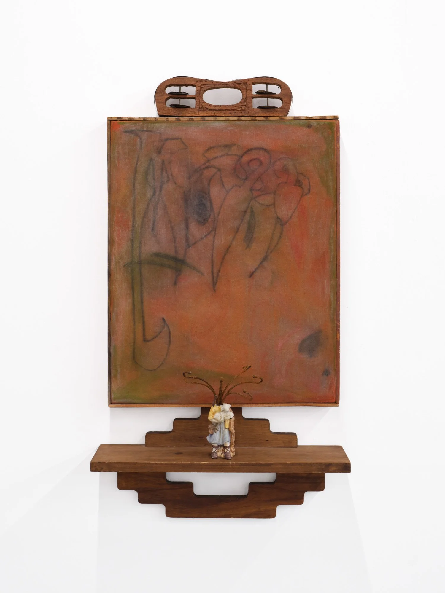 Barry Elkanick 
Agapaia, 2026 
Oil pastel and graphite in artist frame, found objects 
30 x 18 x 5 inches