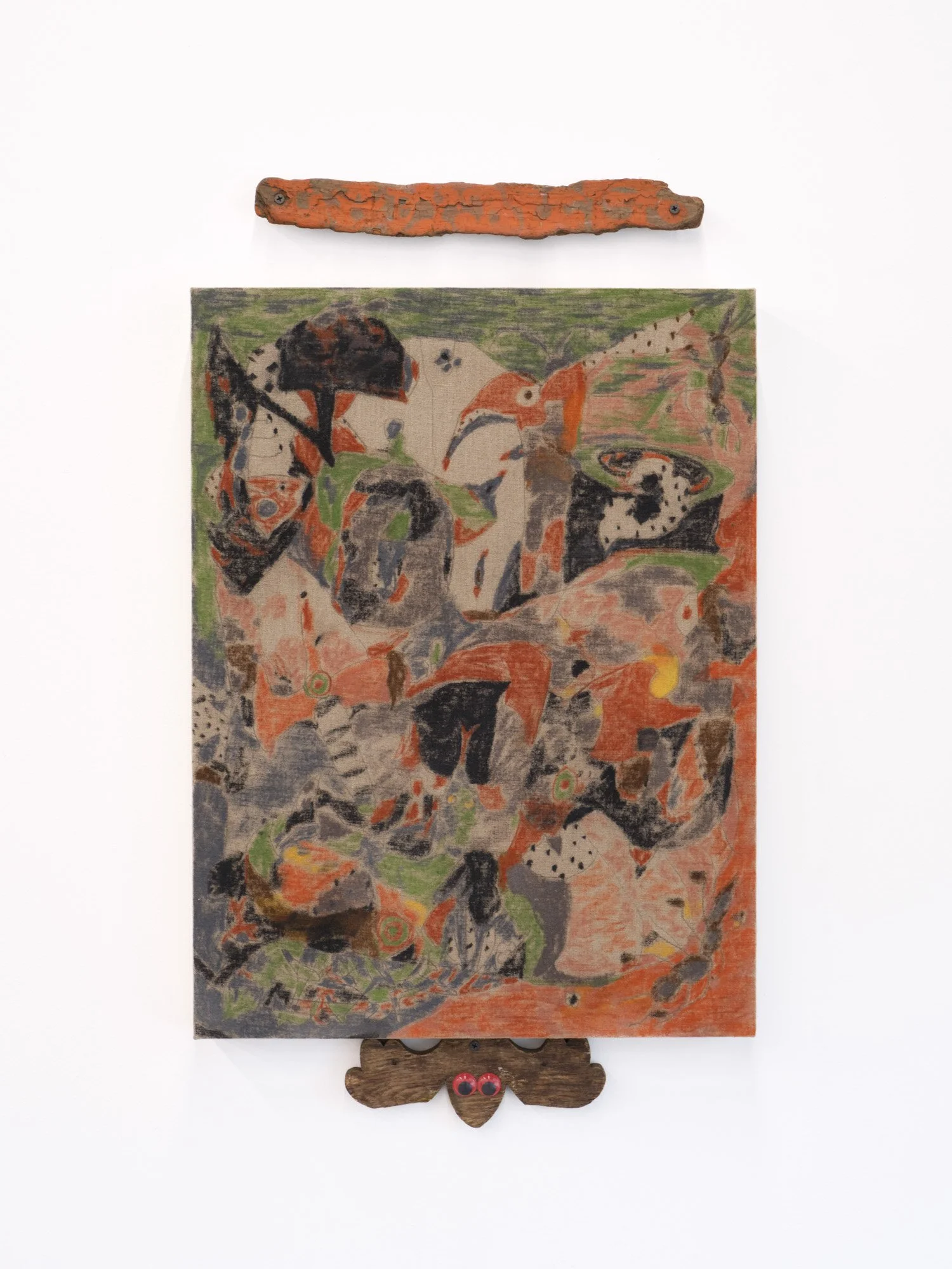 Barry Elkanick 
Earth to earth, ashes to ashes, 2026 
Oil pastel, soft pastel, graphite on linen with found objects 
24 x 18 inches