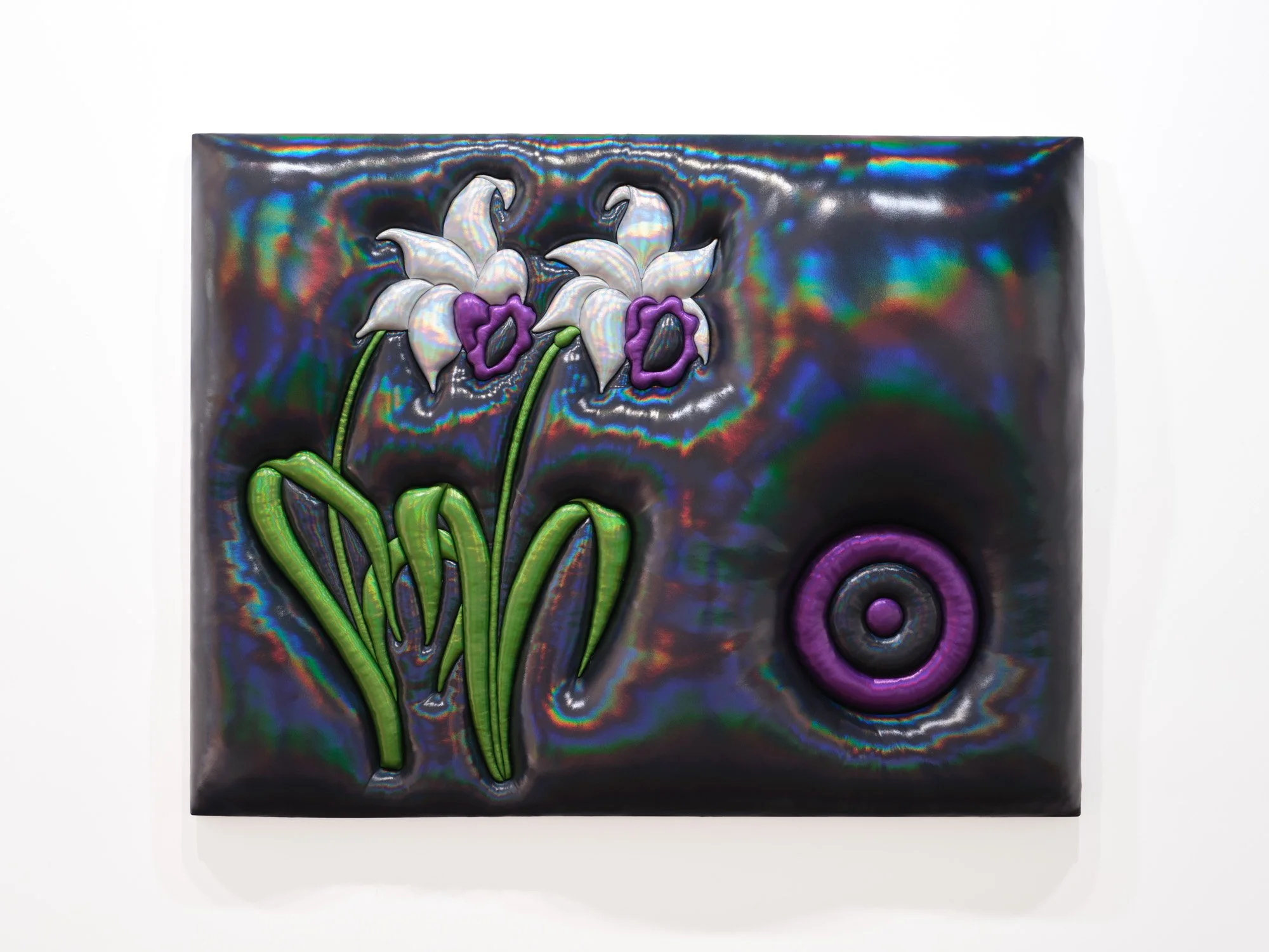 Jon Young 
Purple Pond, 2026 
White Oak, Iridescent Fabric, and Batting 
47 x 38 x 6 inches