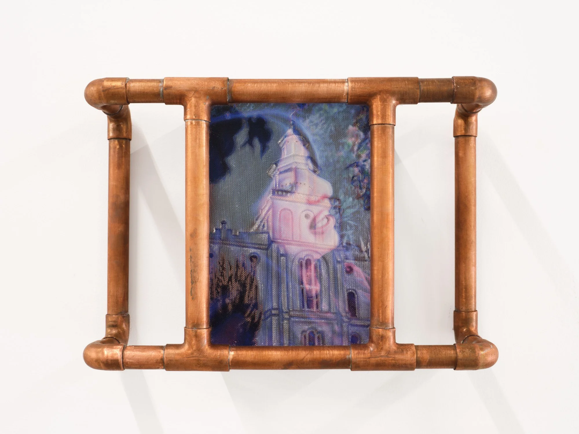 Hayley Labrum 
Elect Lady (St. George Temple), 2026 
Oil on panel and copper mesh, copper pipe 
8 x 11 x 3 inches