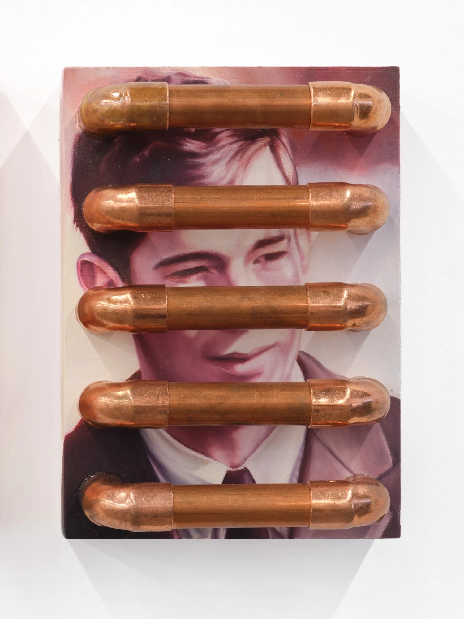 Hayley Labrum 
“Whosoever shall lose his life for my sake shall find it.” (“I’m glad I finally got laid off because I might have worked there my whole life.”), 2024 
Copper pipe and oil on panel 
5 x 7 x 2.5 inches