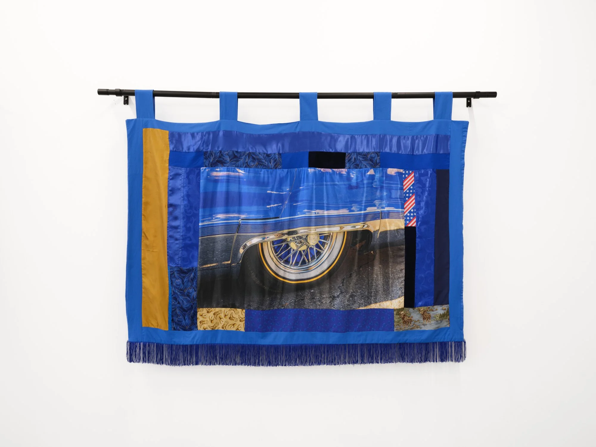Cindy Elizabeth 
Candy Blue, 2026 
Digital photograph printed on satin fabric, quilting cotton, jacquard fabric, velvet, fringe 
43 x 53 inches