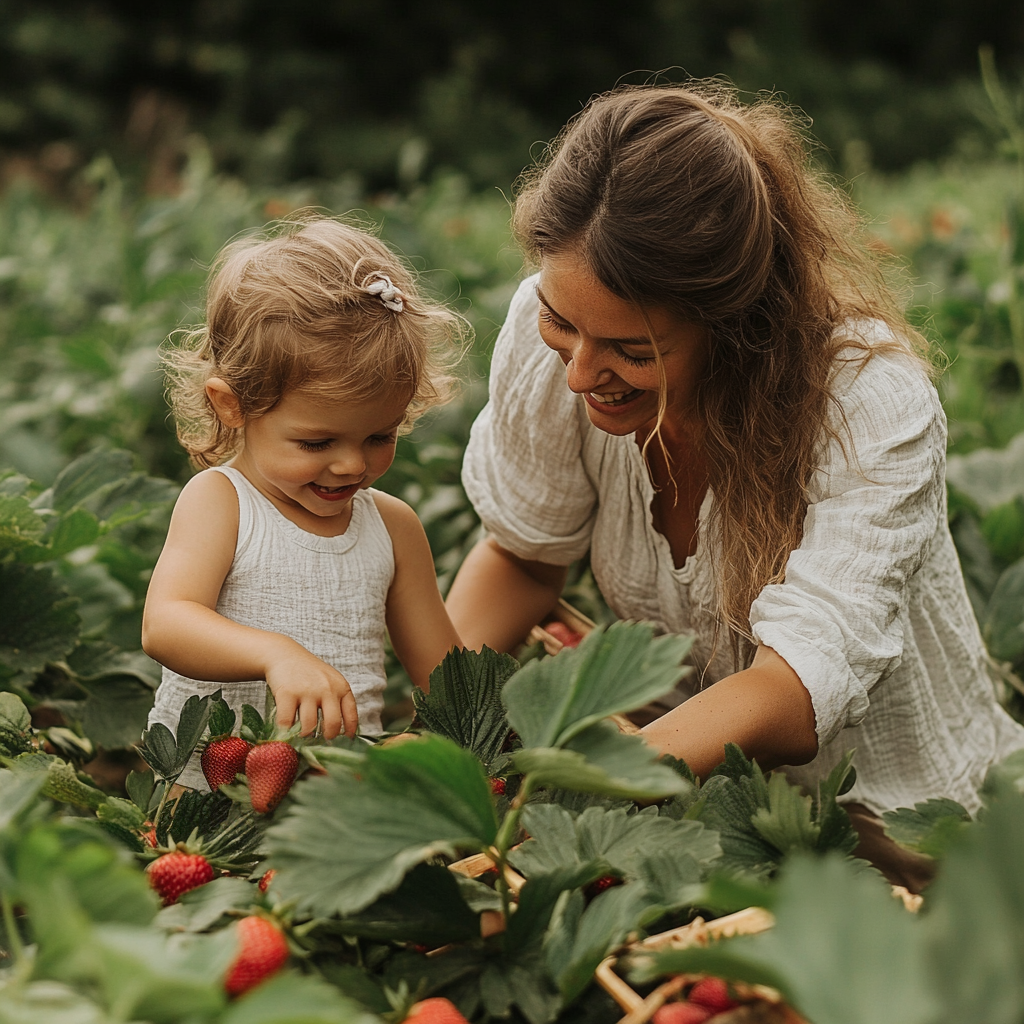 Woman and child picking strawberries in a field, both smiling, wearing white clothing.