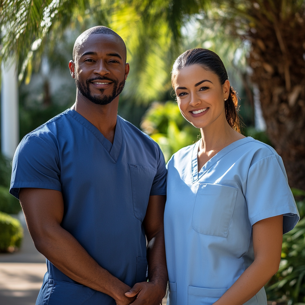 Two healthcare professionals in scrubs, smiling outdoors