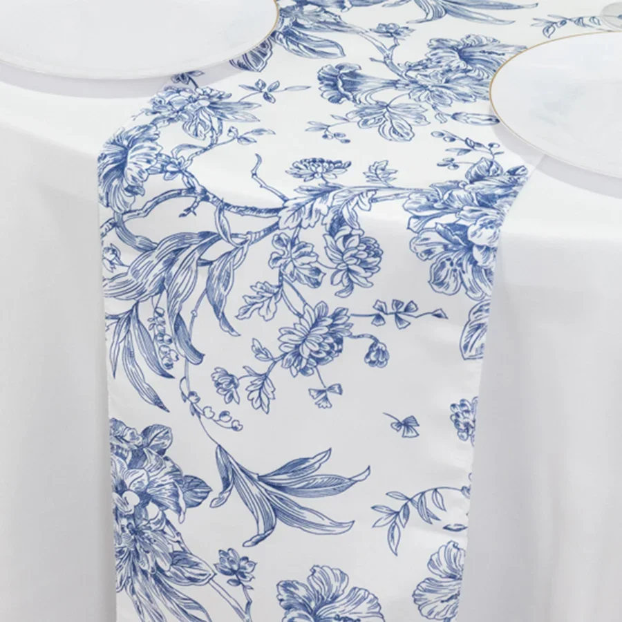 Blue French Toile Polyester Table Runner - 12"x108"