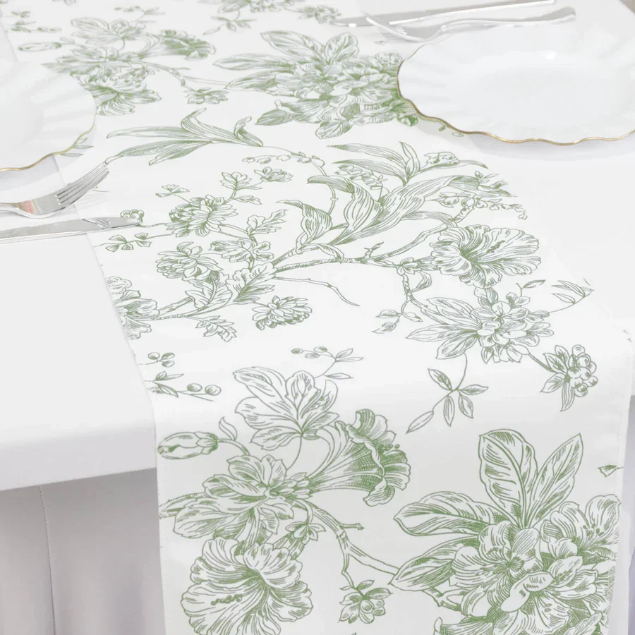 Green French Toile Polyester Table Runner - 12"x108"