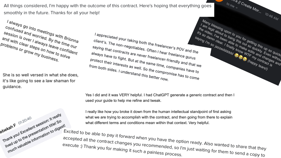 Compilation of screenshots of Contract Mastery Testimonials