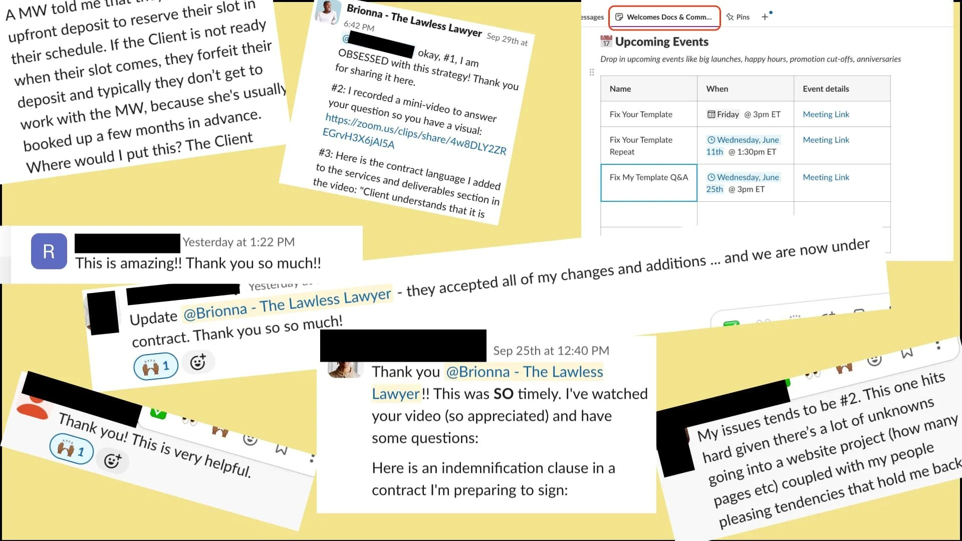 compilation of screen shots of messages in lowercase legal slack channel on a pale yellow background