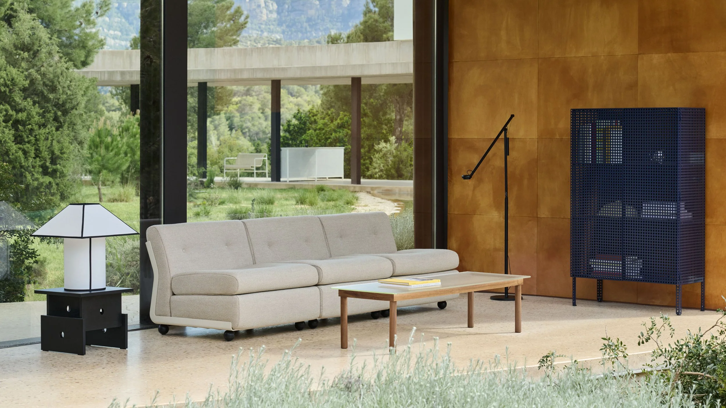 Amanta 3 Seater Hallingdal 220 cream beige shell_Wood Box Coffee Table black oak_Perforated Cabinet L steel blue.jpg