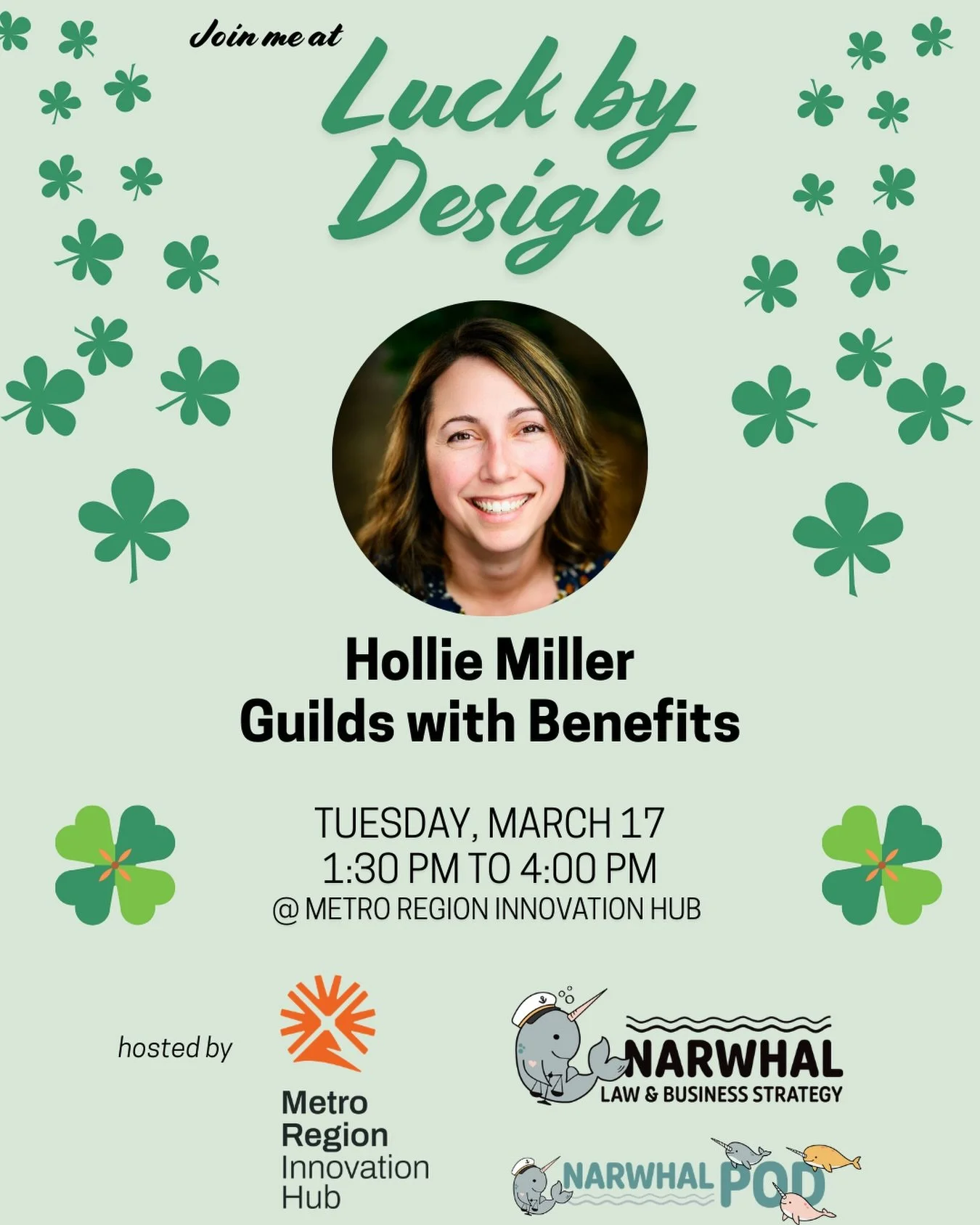 Create your own luck and join me at Luck by Design on 3/17 from 1:30pm to 4:00pm, hosted by @narwhal_pod and @narwhallawandbizstrategy 
See you there! 🌈 🍀

https://www.eventbrite.com/e/luck-by-design-speed-networking-for-business-tickets-1982202955