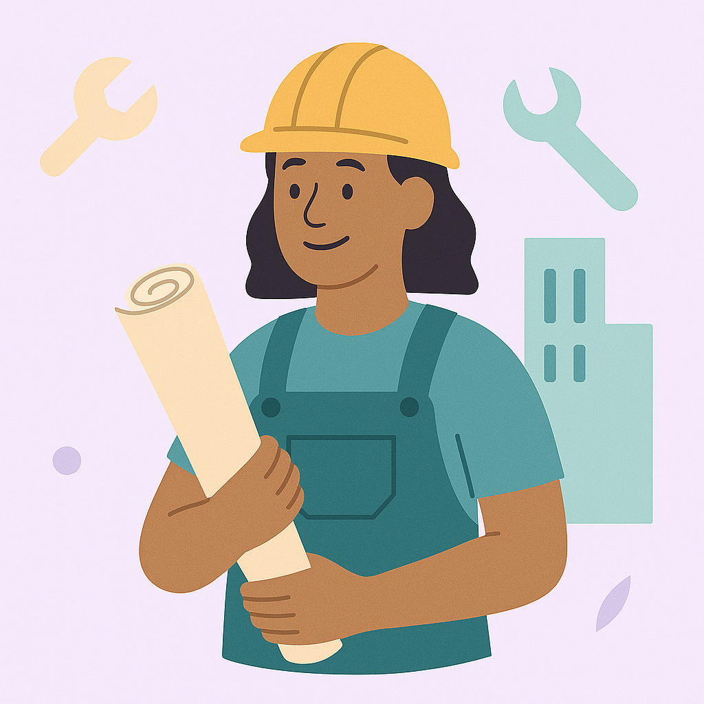 Construction worker stands atop the frame of a house, wearing a hard hat