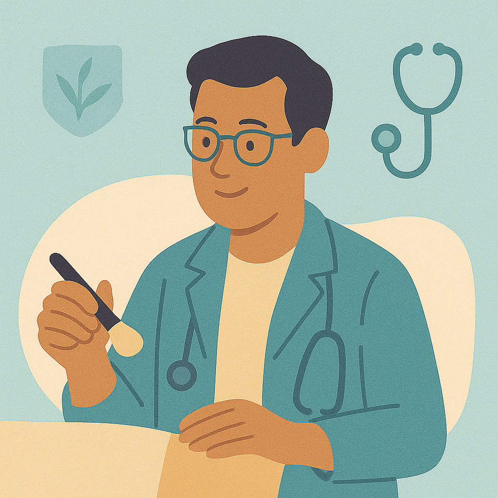 Man lying face up under a blanket with hands on his shoulders