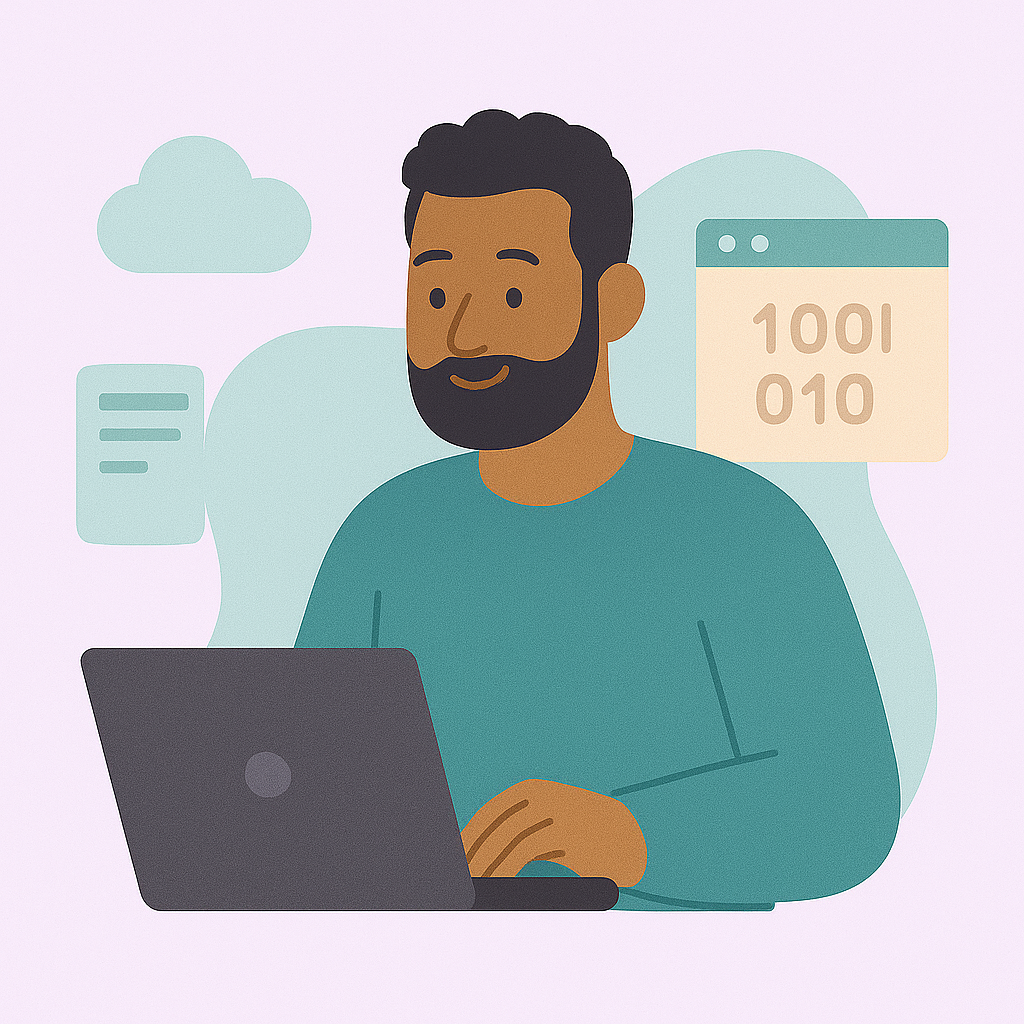 Man wearing glasses, a patterned shirt with an orange lanyard