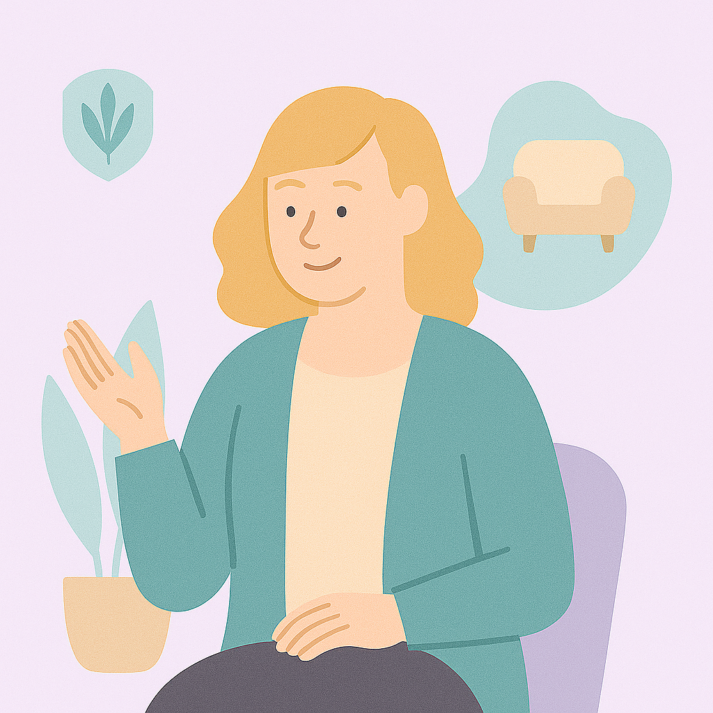 Three people having a discussion in an office with large windows