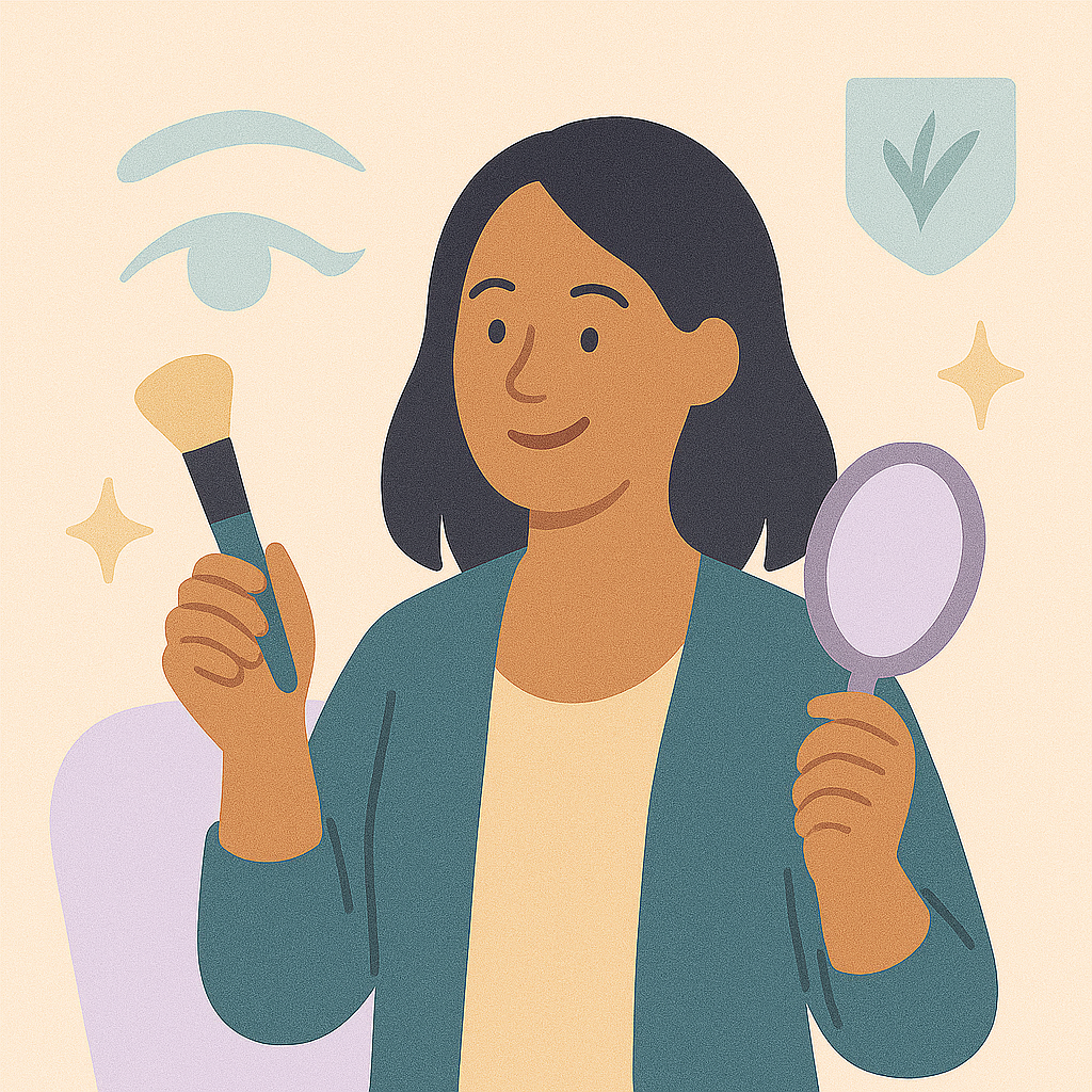 Person wearing a beanie leaning over and smiling while tattooing someone