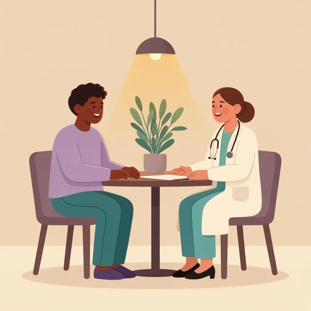 A female doctor sitting at a table with a male patient in a consultation room, with a potted plant and a hanging light above.