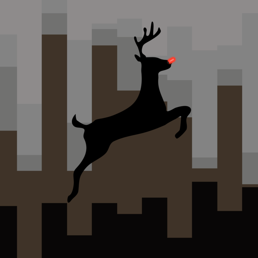 Silhouette of a reindeer with red nose in front of a cityscape at night.