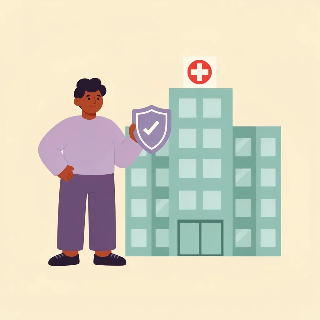 Illustration of a person holding a shield with a checkmark, standing in front of a hospital building with a red cross sign.