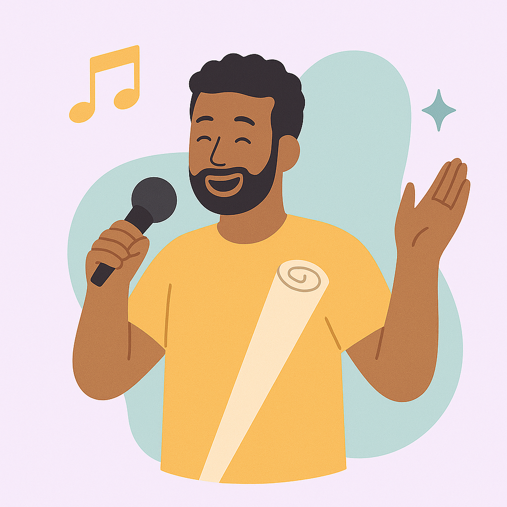 Man wearing headphones around his neck, in front of a microphone