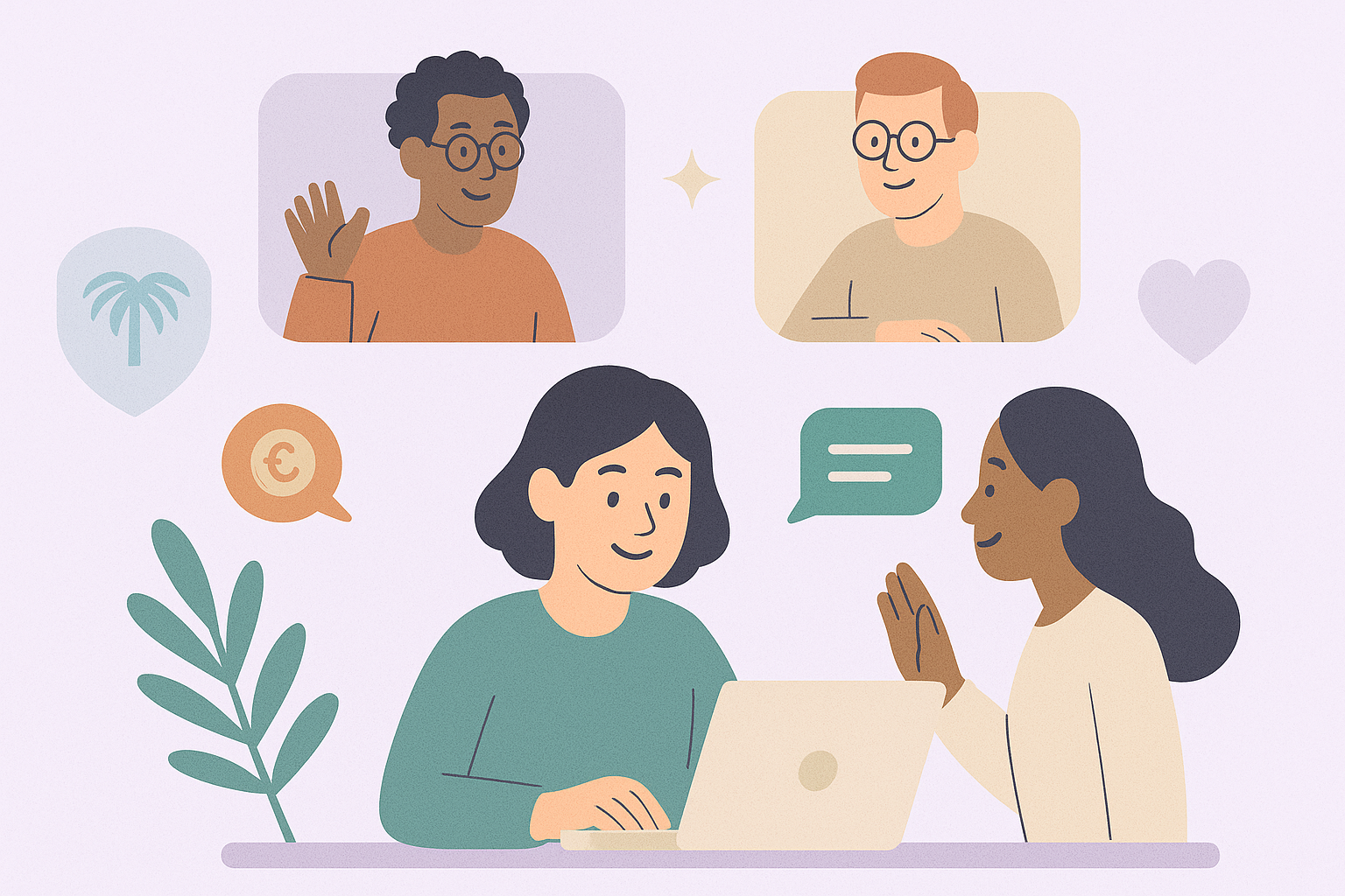 Two women engaged in a video call, with two men in separate boxes at the top. One woman is using a laptop and smiling, while the other woman is waving and speaking. The illustration includes icons of a plant, a euro currency symbol, a speech bubble, and a heart.