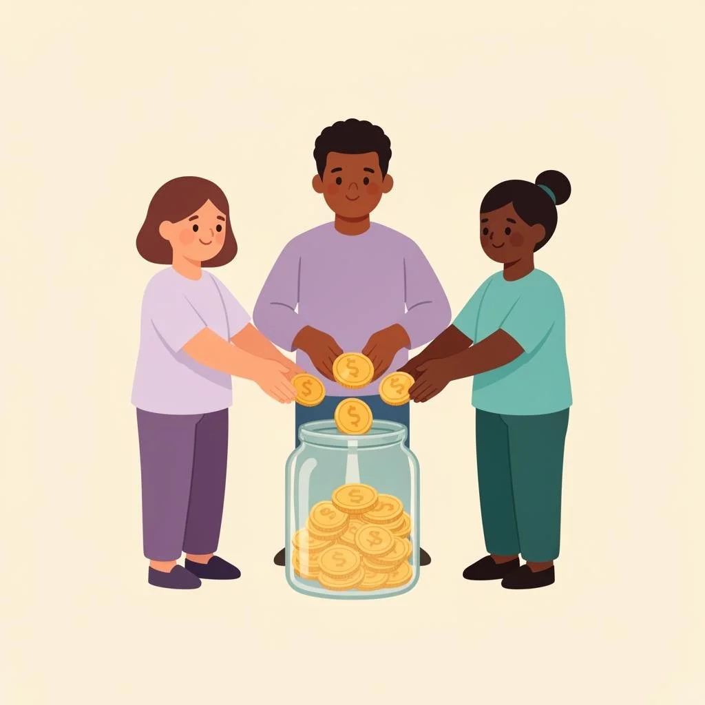 Three children putting coins into a jar filled with coins.