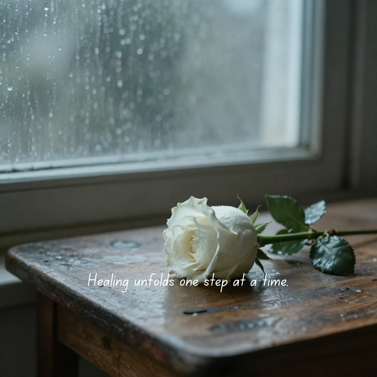 A white rose on a wet wooden table by a rain-streaked window with a quote 'Healing unfolds one step at a time.'
