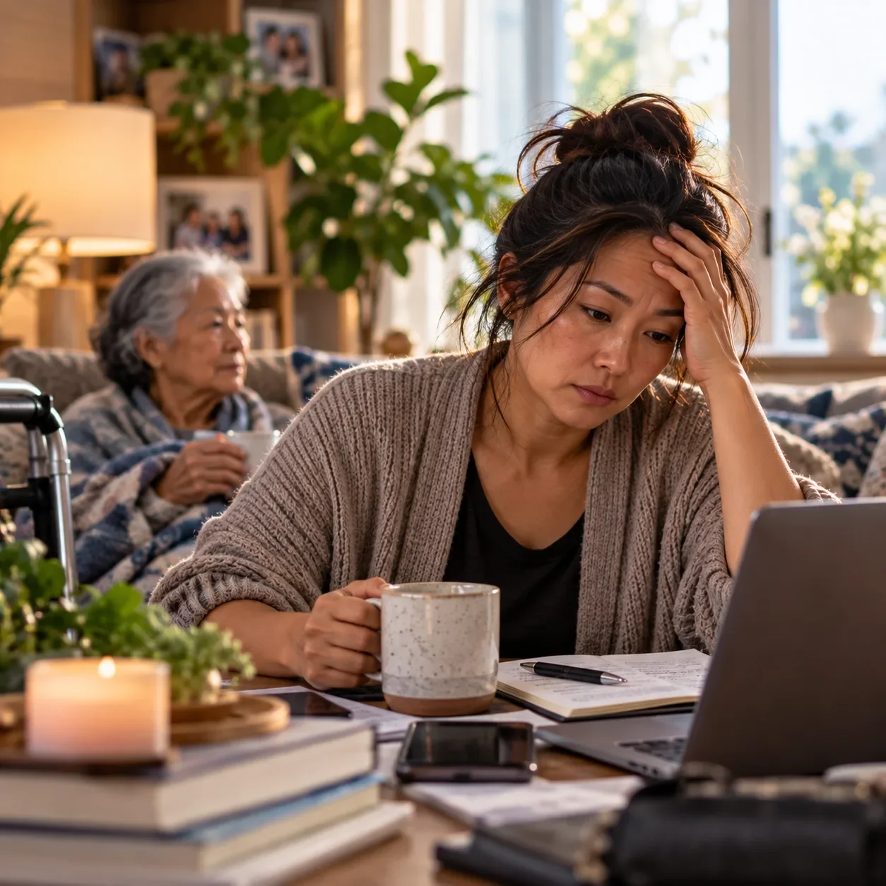 Woman balancing work and caregiving responsibilities for an older family member, representing caregiver burnout.
